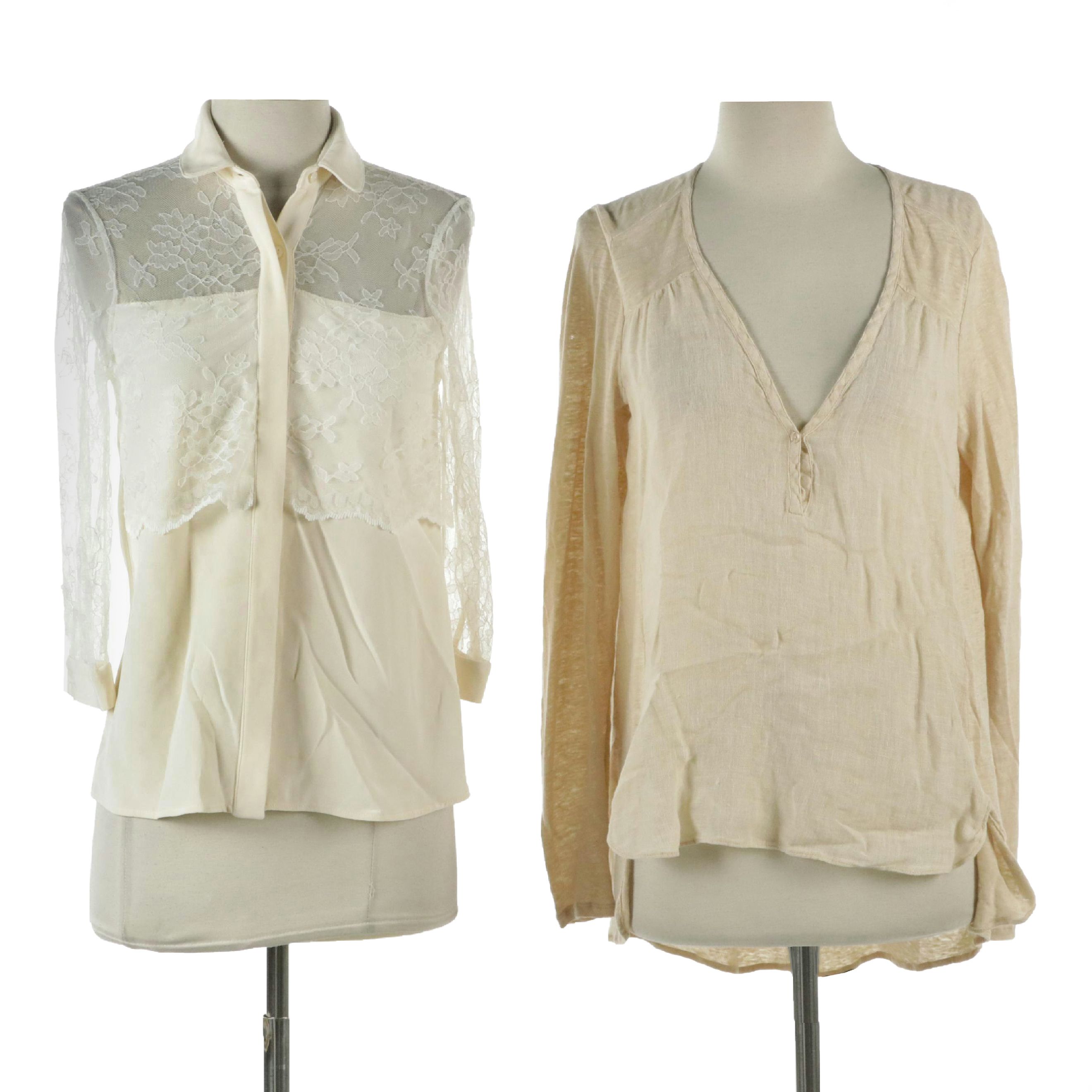 Erin Ivory Lace-Layered Blouse and Calypso Beige Linen Long Sleeve Top