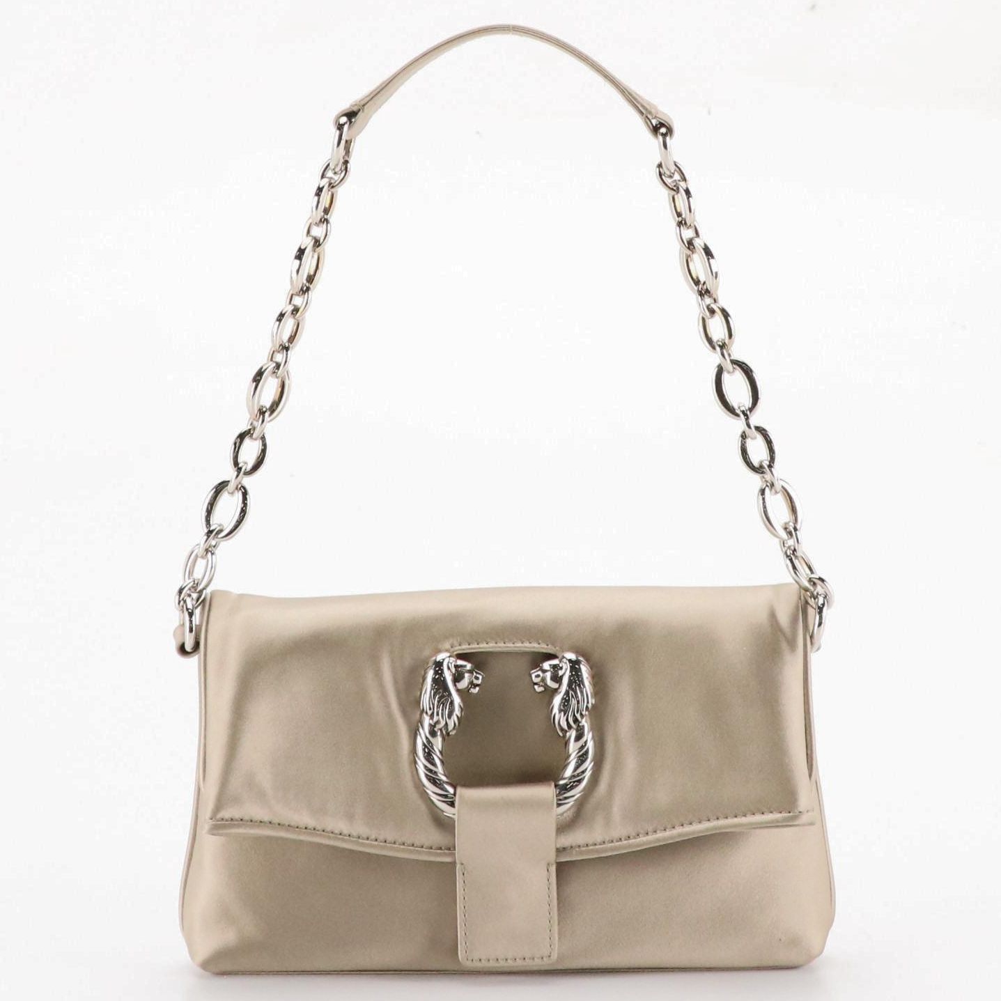 BVLGARI Leoni Chain Strap Clutch Bag in Shimmery Beige Satin