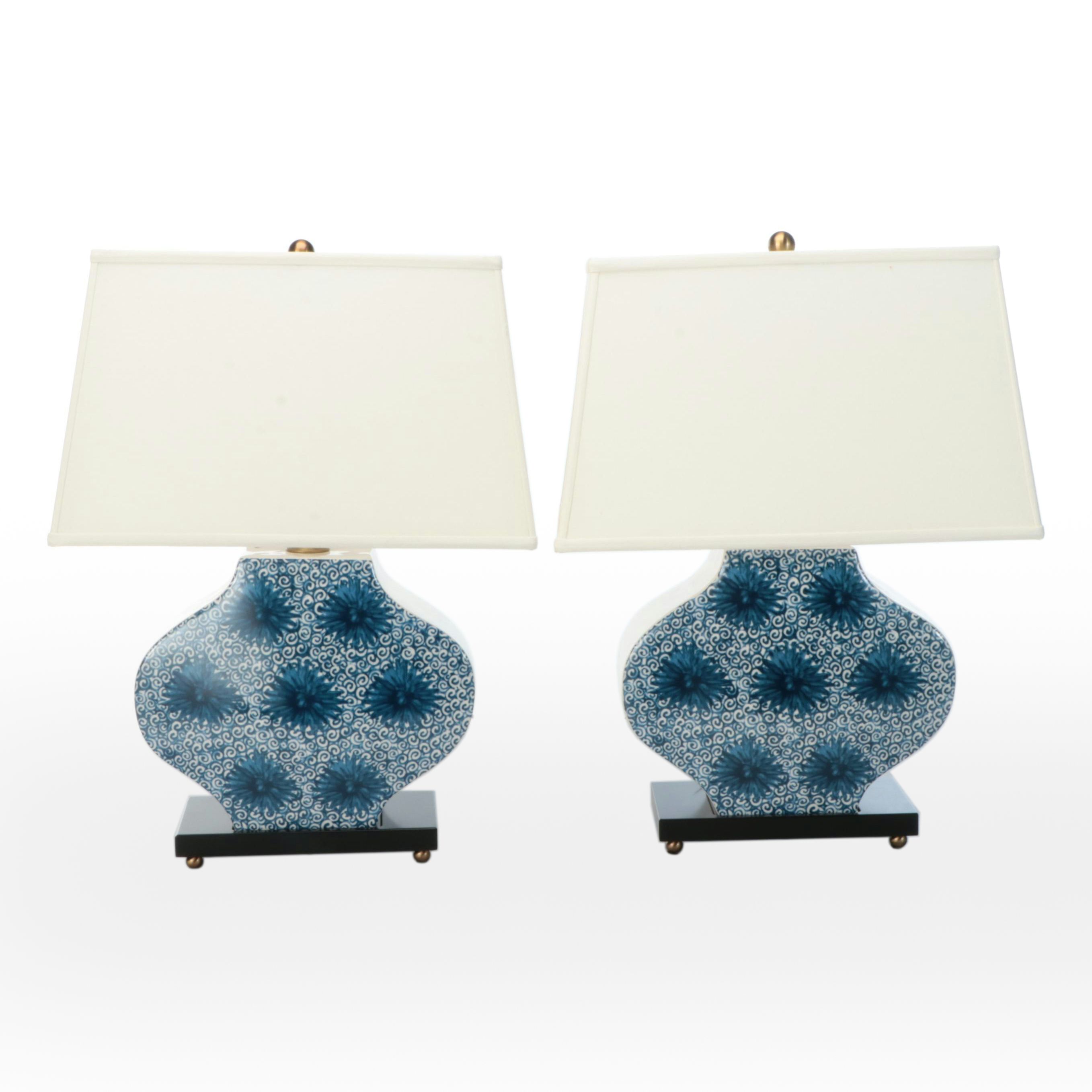 Williamsburg "Hannah" Blue and White Ceramic Table Lamp Pair with Drum Shades