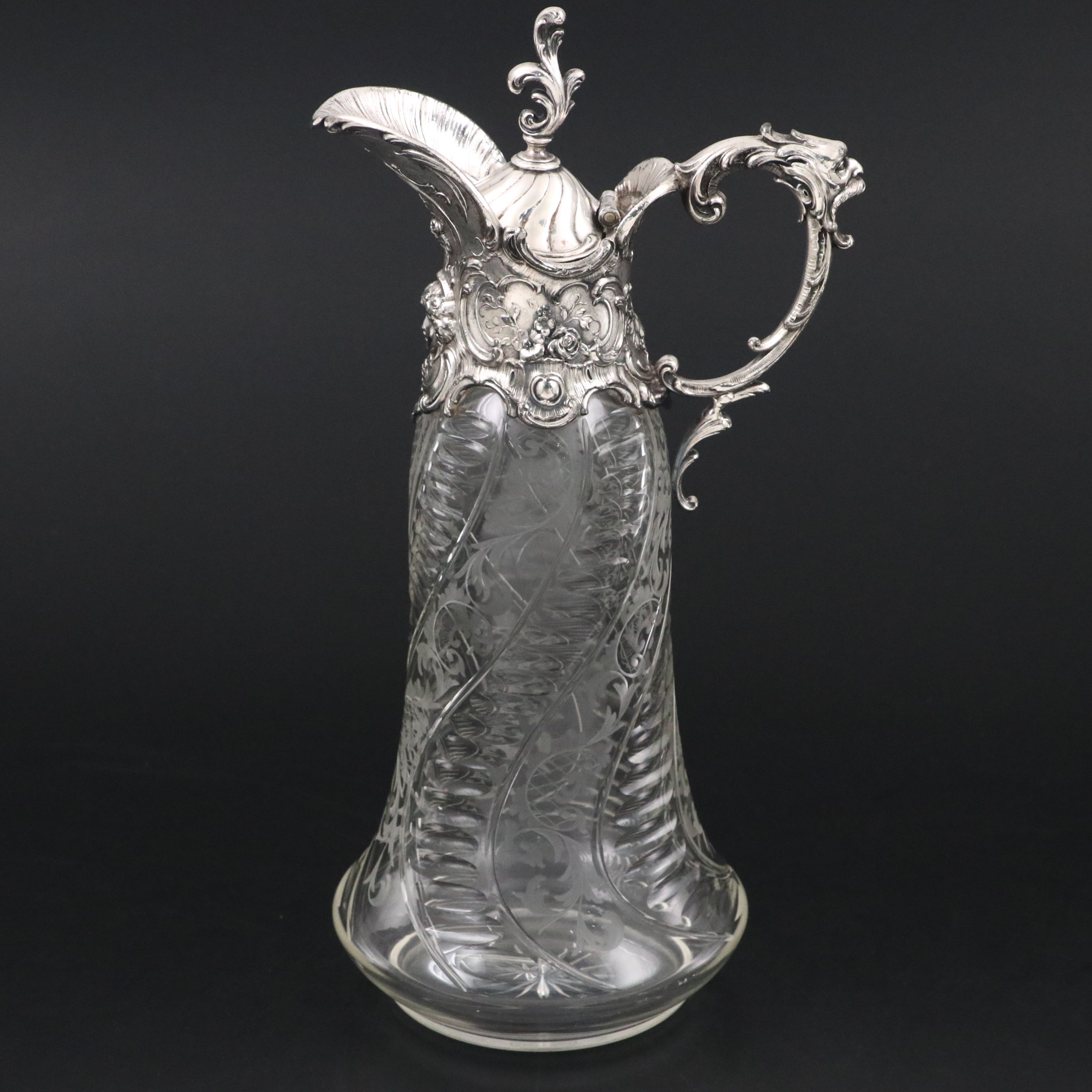 Rococo Revival Swirled Glass and Silver Plate Bacchus Claret Jug