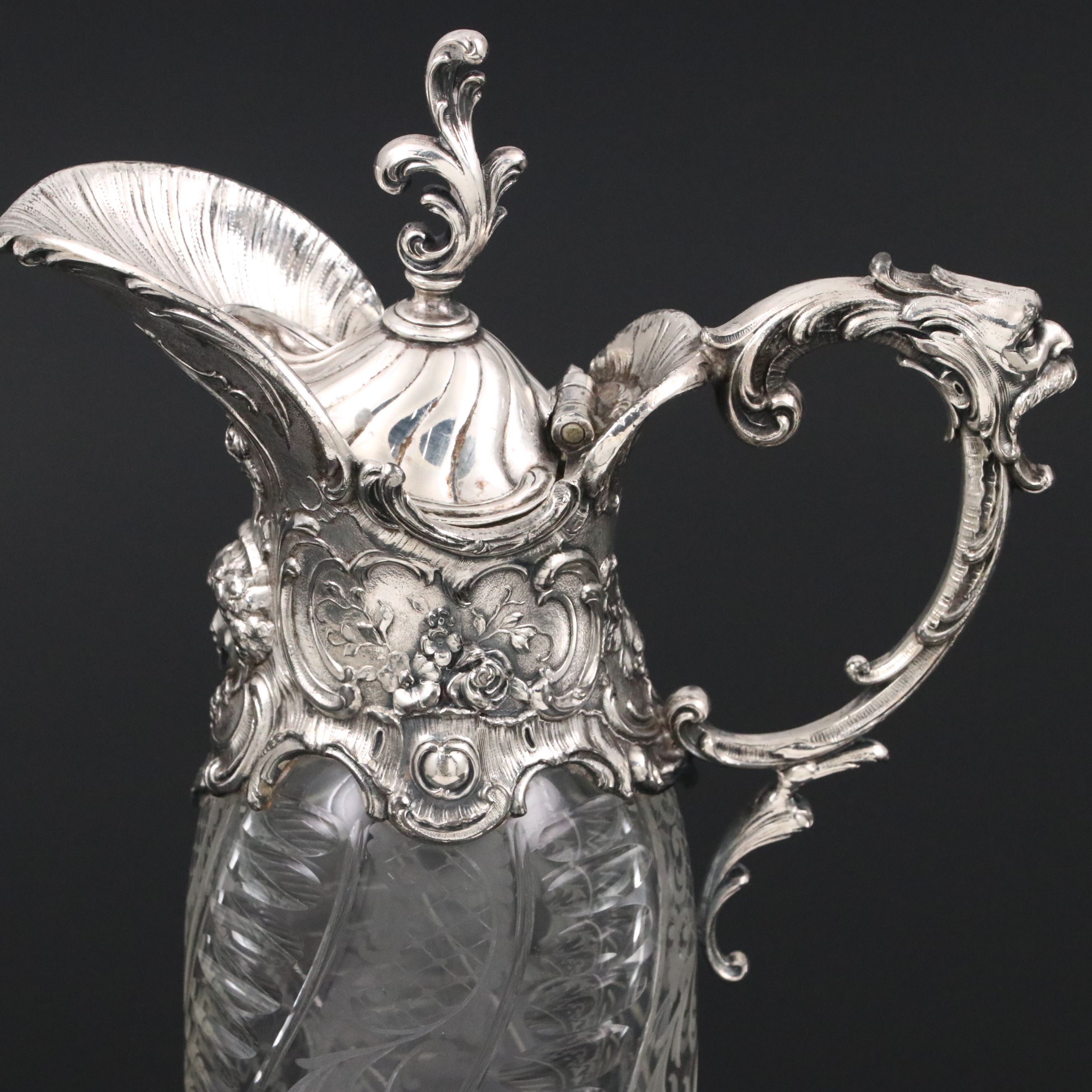 Rococo Revival Swirled Glass and Silver Plate Bacchus Claret Jug
