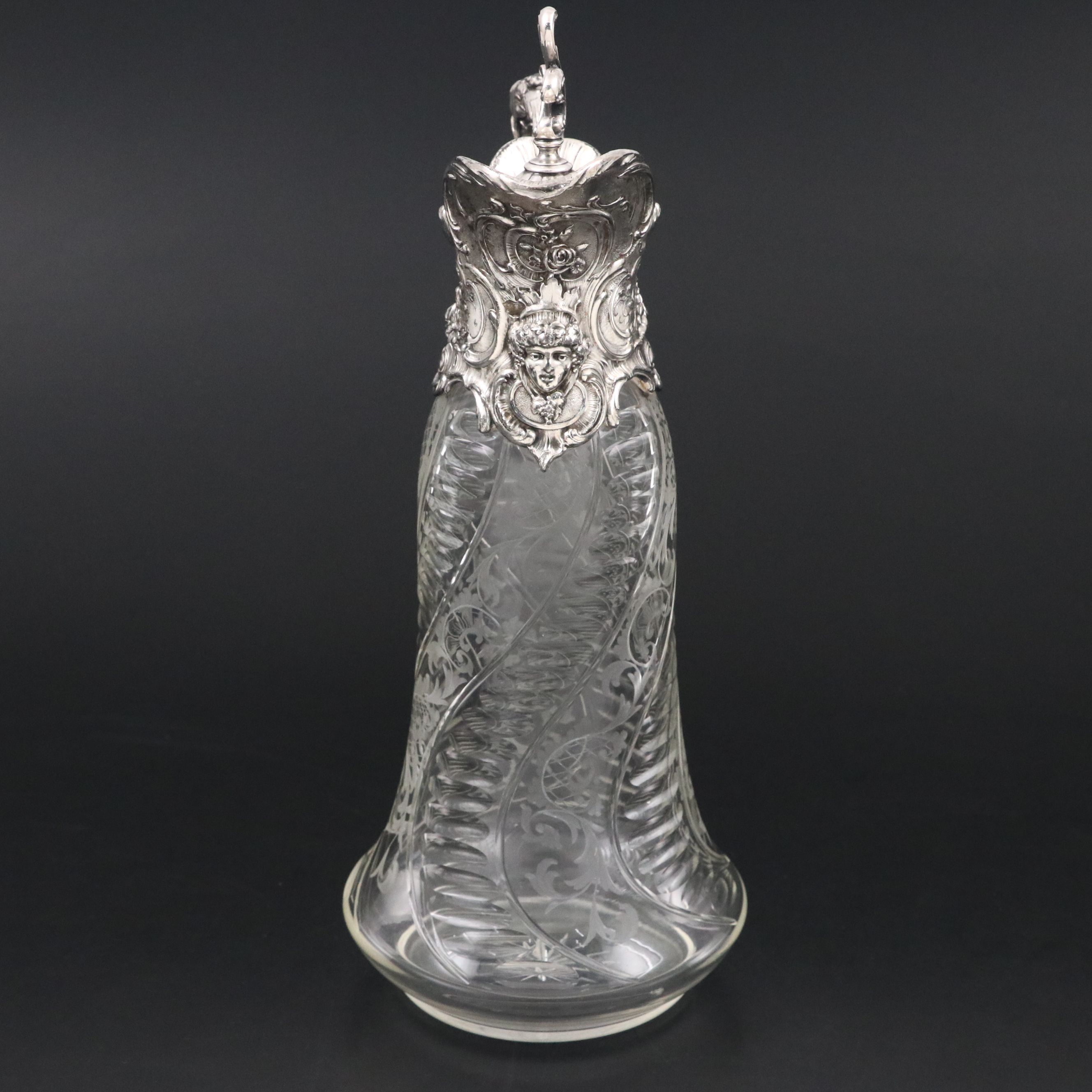 Rococo Revival Swirled Glass and Silver Plate Bacchus Claret Jug