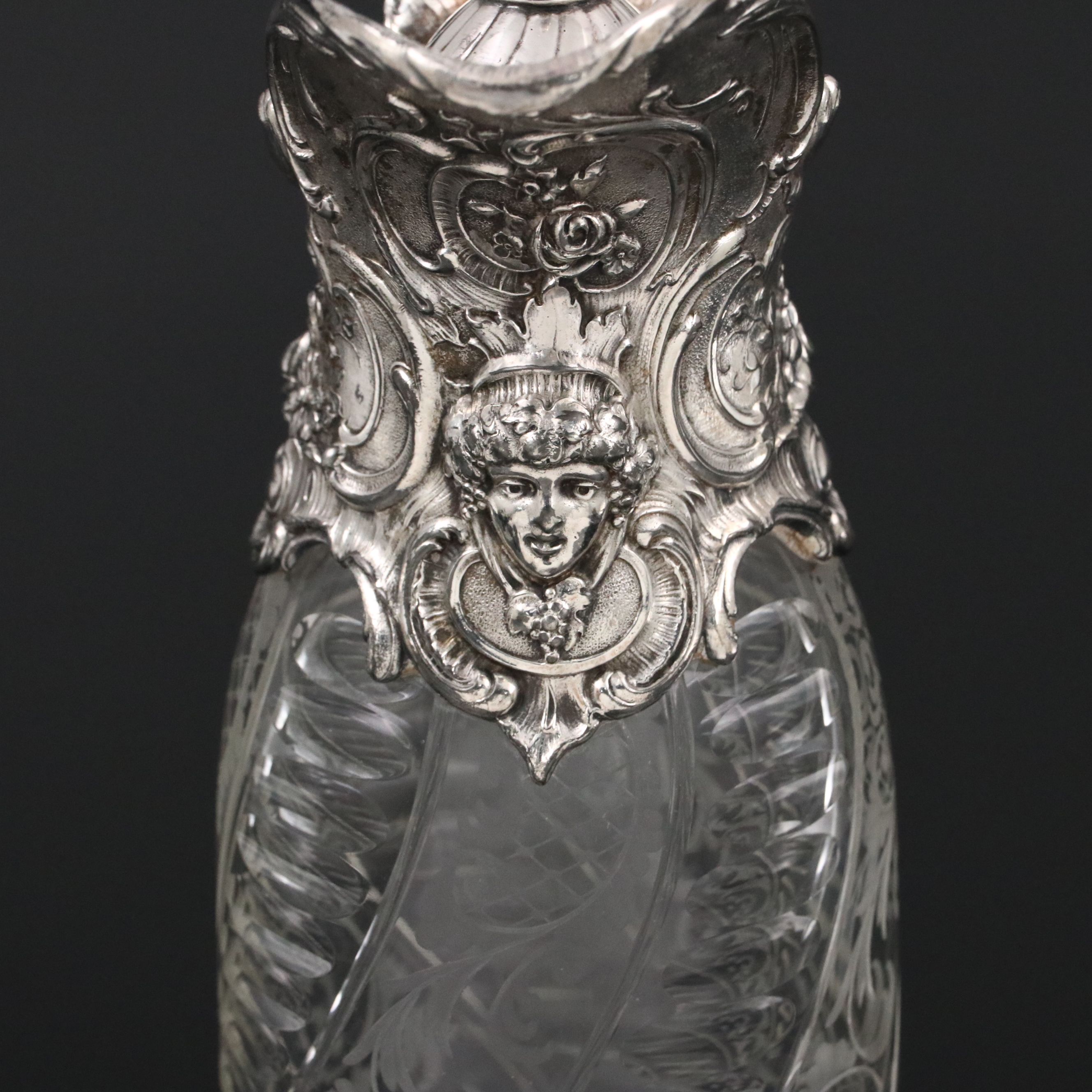 Rococo Revival Swirled Glass and Silver Plate Bacchus Claret Jug
