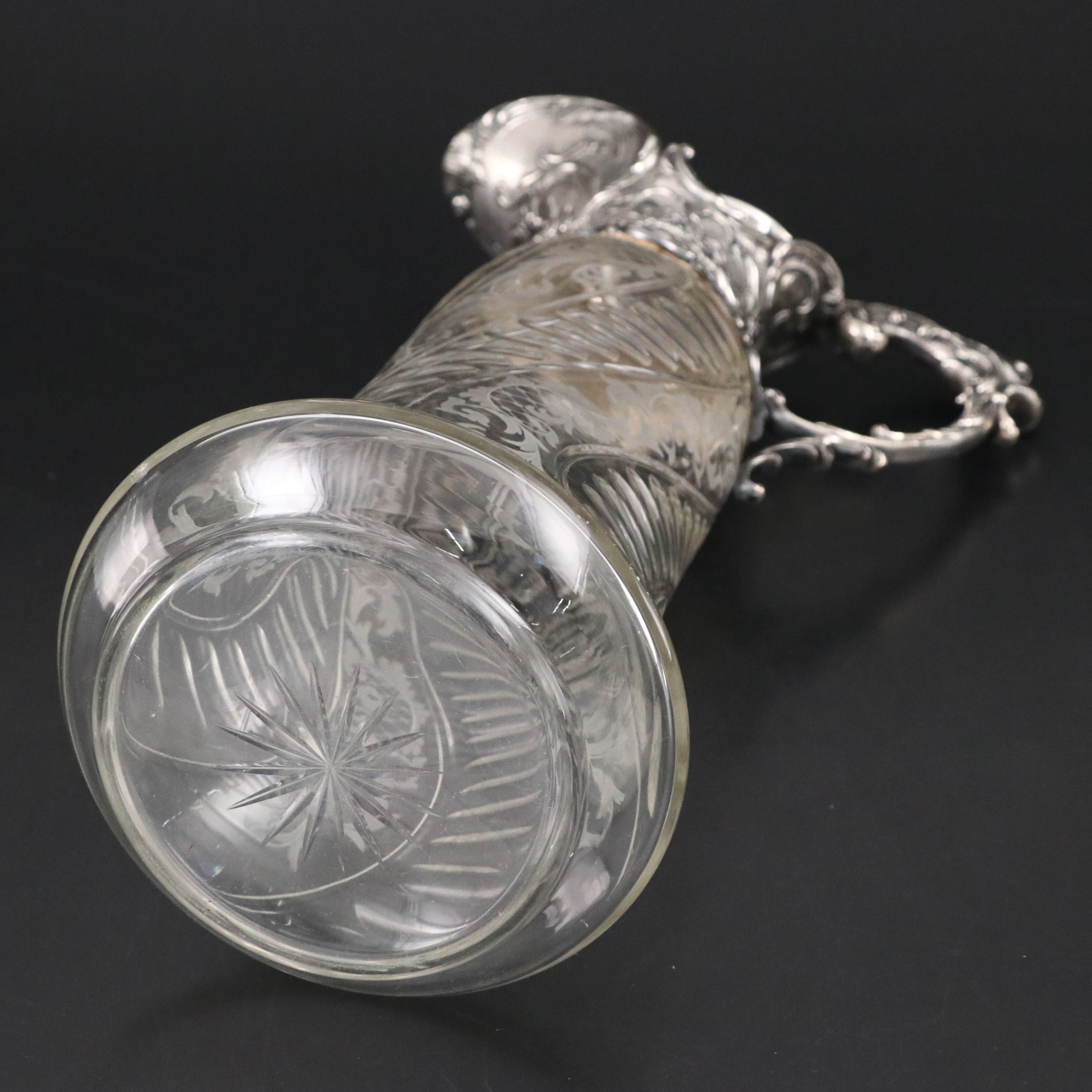 Rococo Revival Swirled Glass and Silver Plate Bacchus Claret Jug