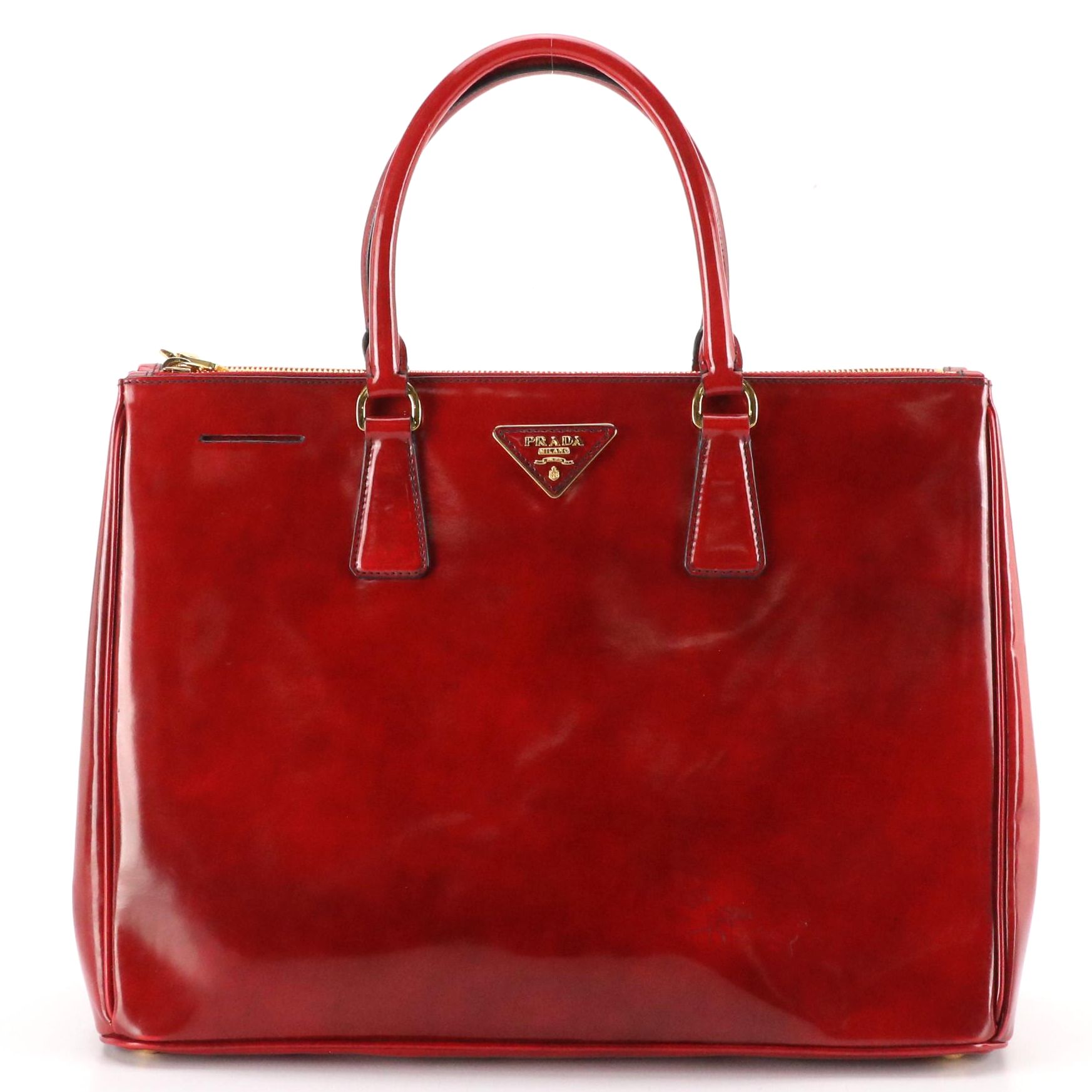 Prada Large Galleria Double Zip Handbag Tote in Dark Red Patent Leather