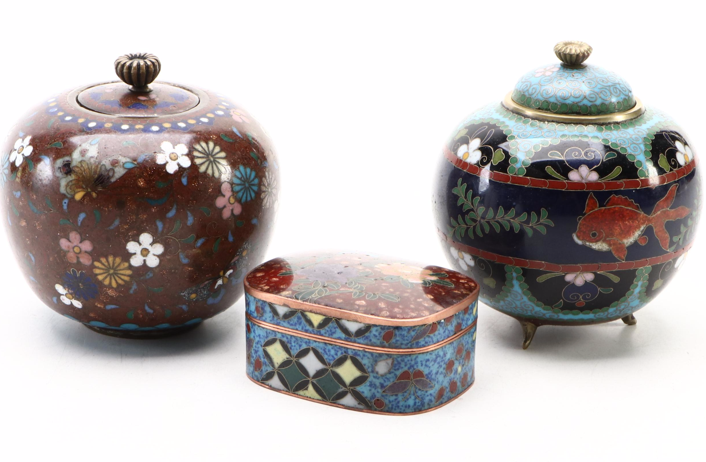 Chinese and Japanese Cloisonné Vessels and Box with Ceramic Vase
