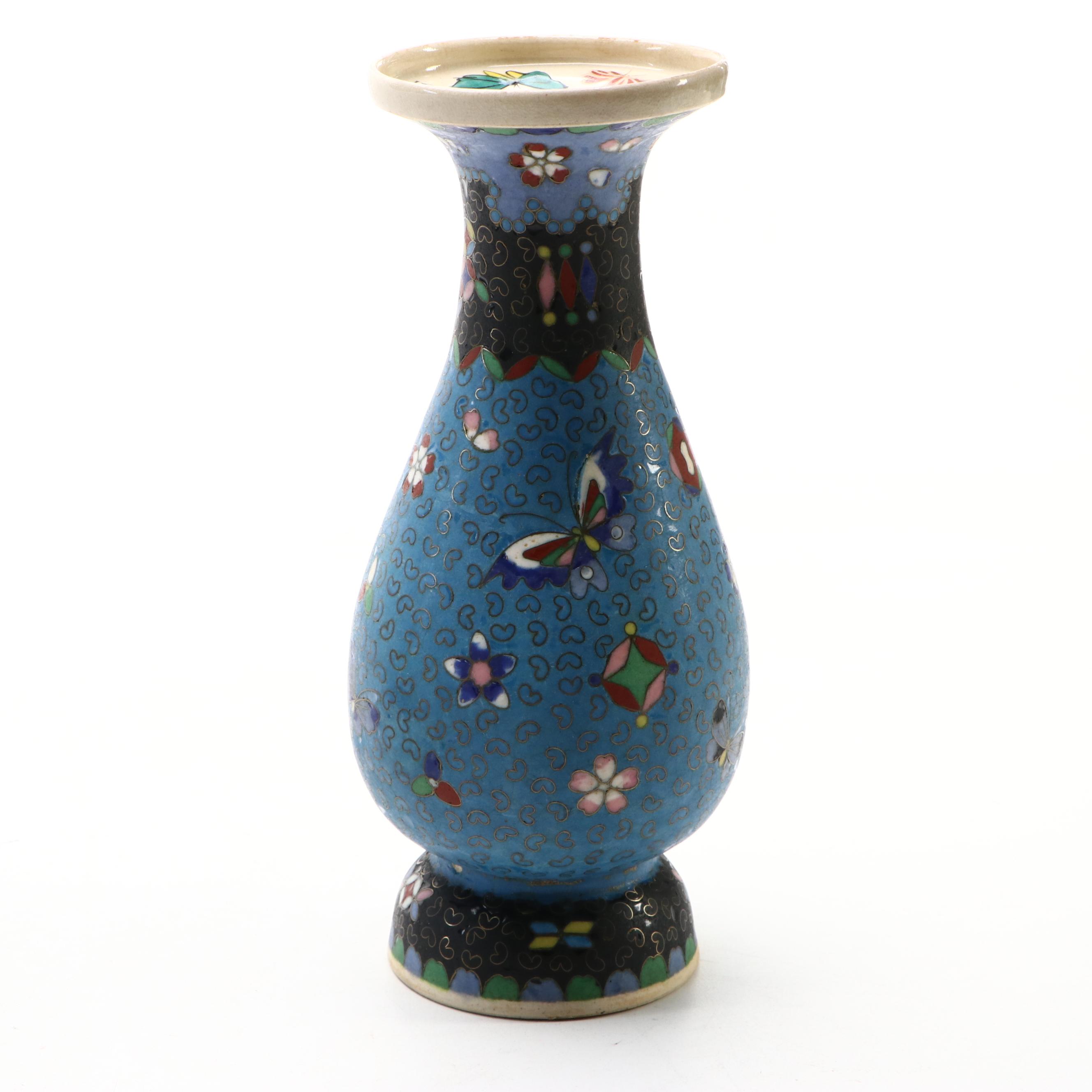 Chinese and Japanese Cloisonné Vessels and Box with Ceramic Vase