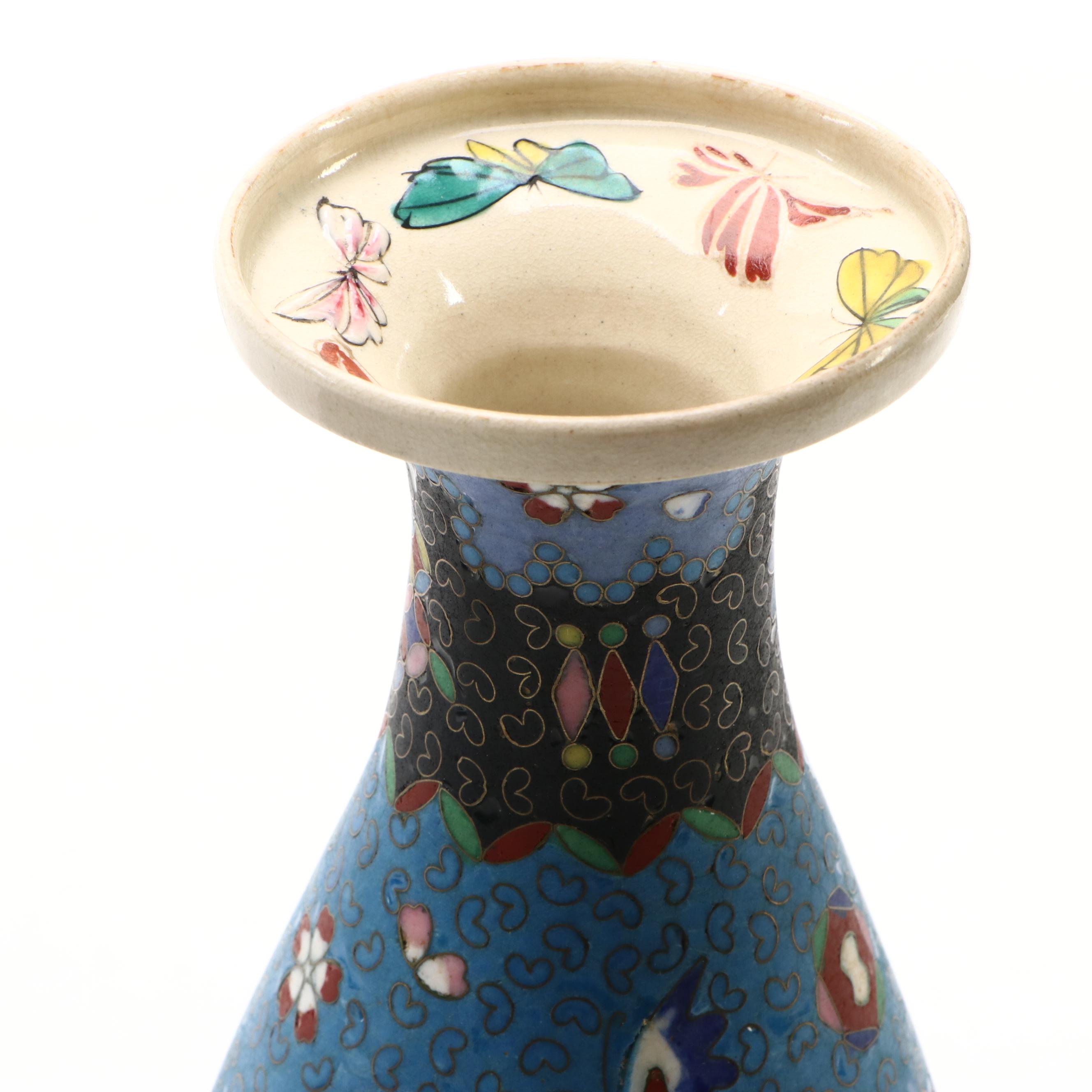 Chinese and Japanese Cloisonné Vessels and Box with Ceramic Vase