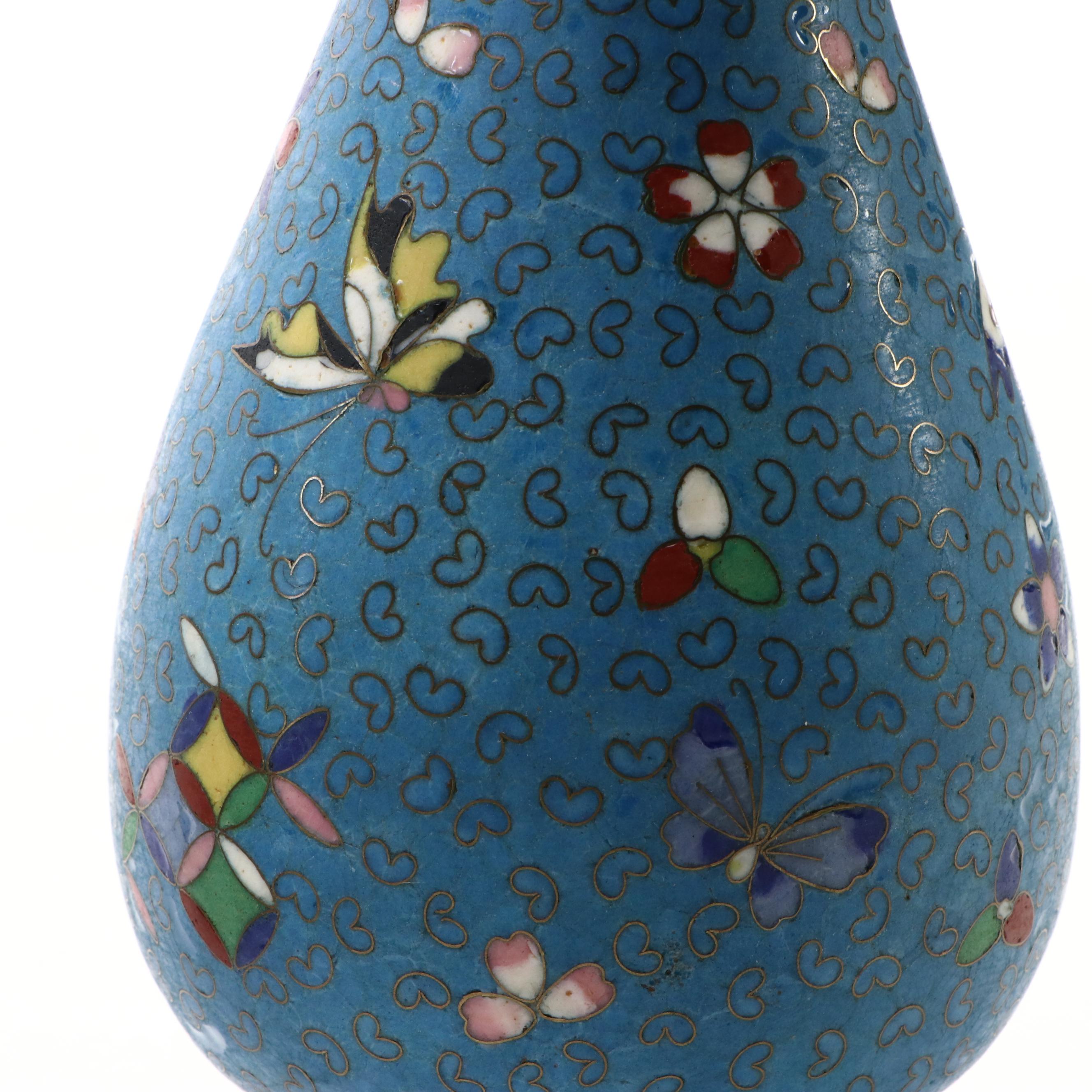 Chinese and Japanese Cloisonné Vessels and Box with Ceramic Vase