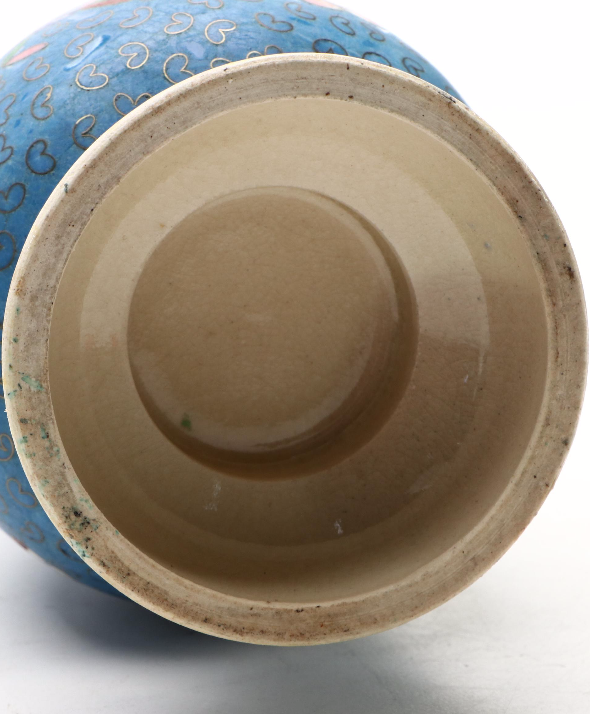 Chinese and Japanese Cloisonné Vessels and Box with Ceramic Vase