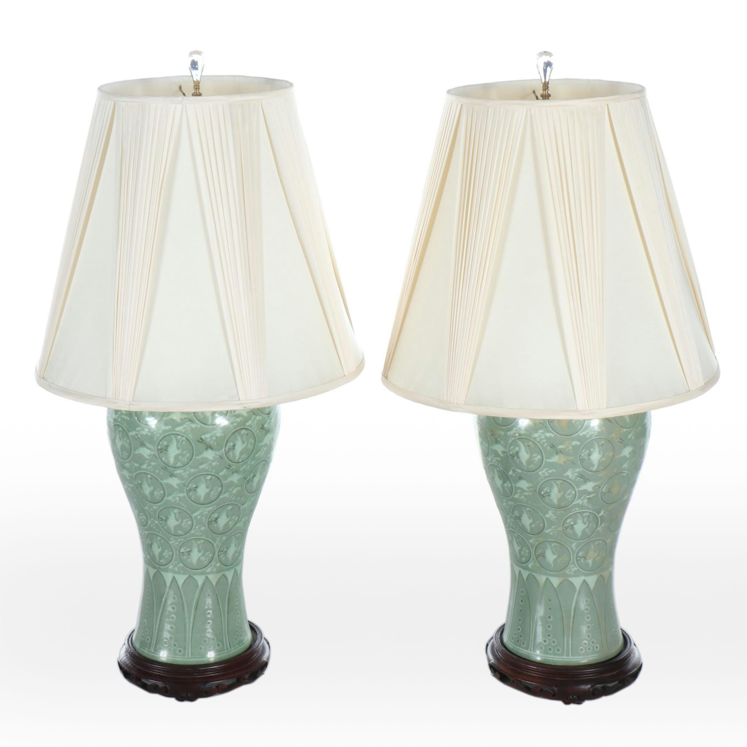 Pair of Meiping Crowned Cranes Celadon Table Lamps with Silk Shades