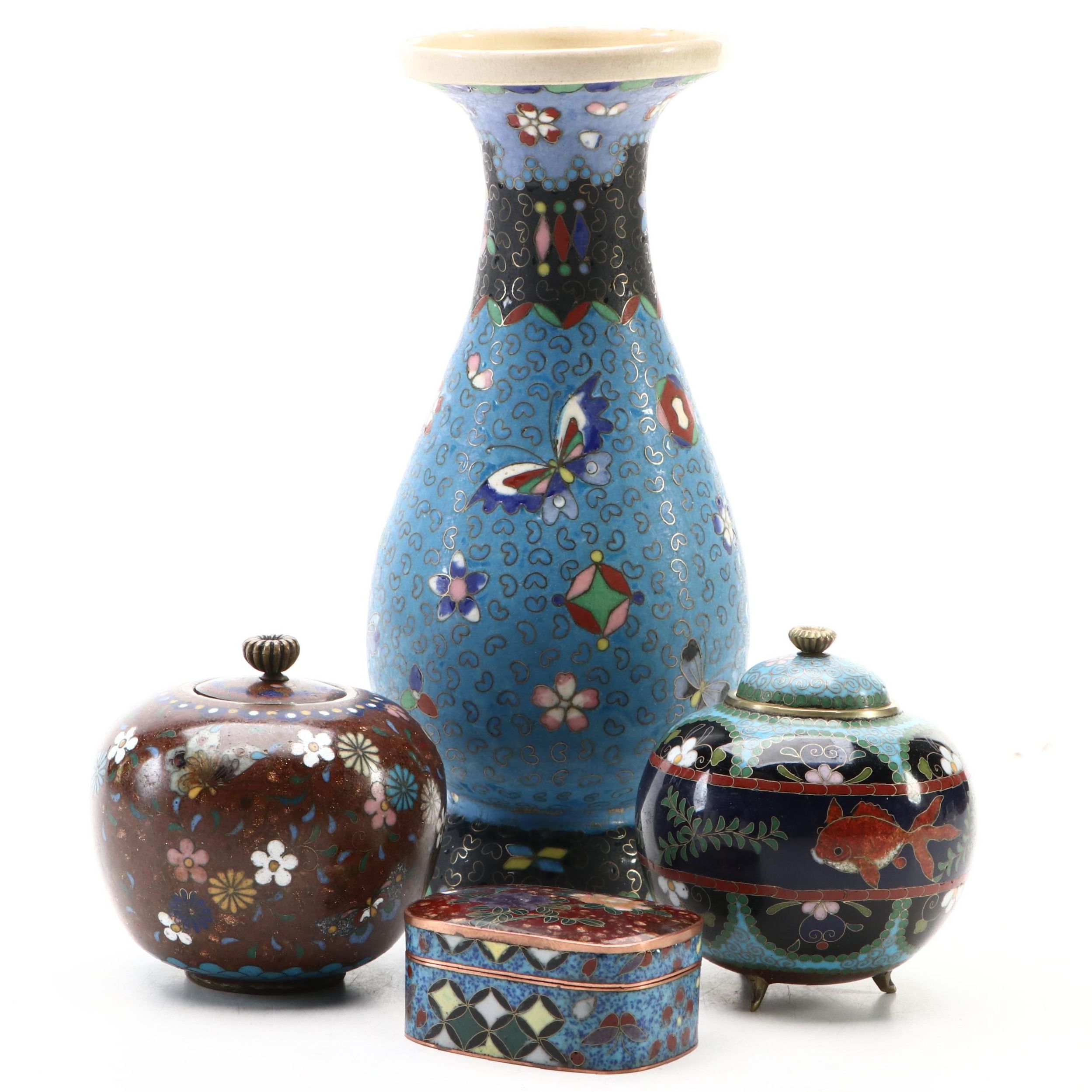 Chinese and Japanese Cloisonné Vessels and Box with Ceramic Vase