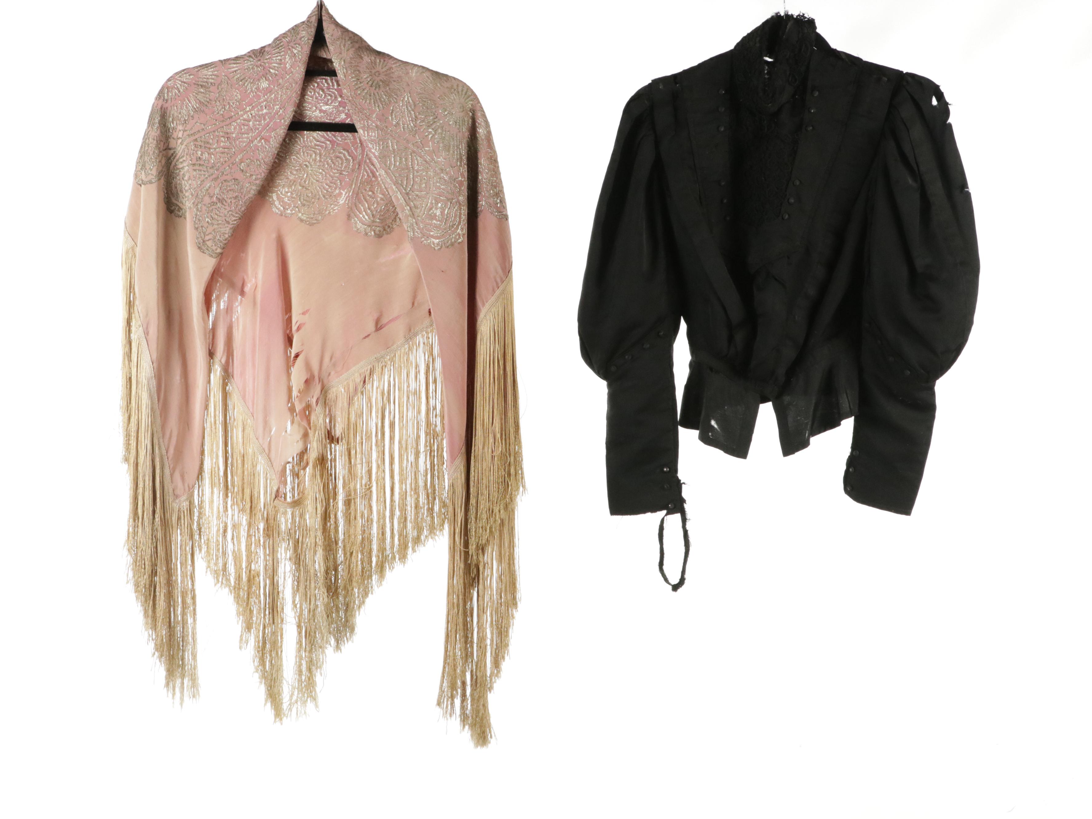 Late Victorian Bustle Dresses, Mourning Gown, Lace Dress/Top, and Piano Shawl