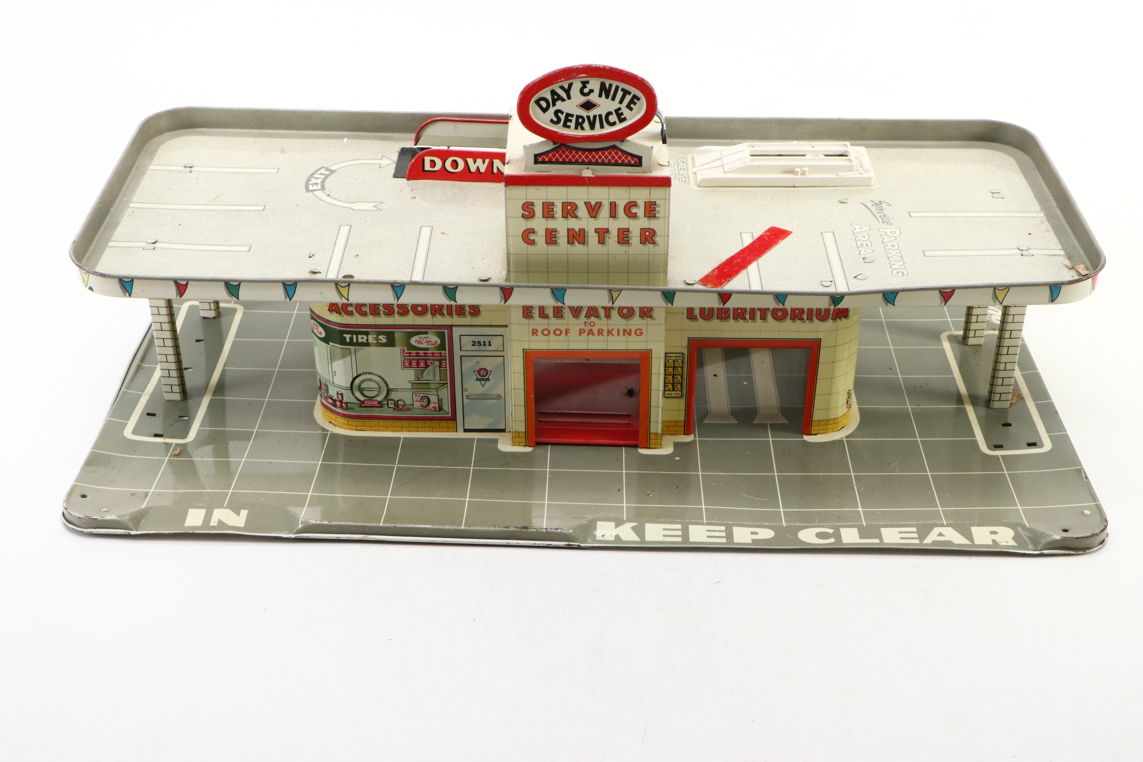 Marx Tin Litho Day & Nite Service Station with Remco Mr. Kelly's Car Wash Toy