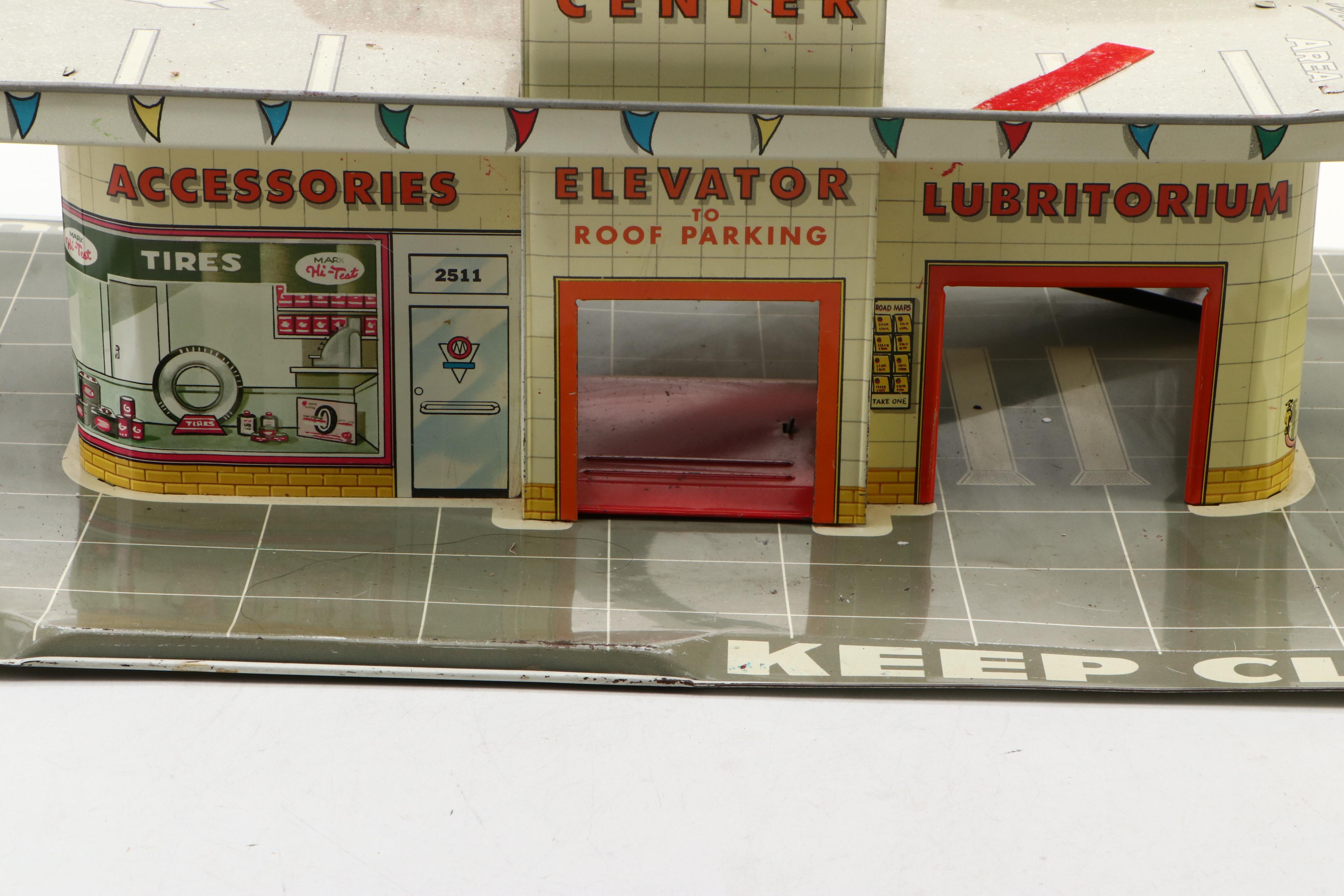 Marx Tin Litho Day & Nite Service Station with Remco Mr. Kelly's Car Wash Toy