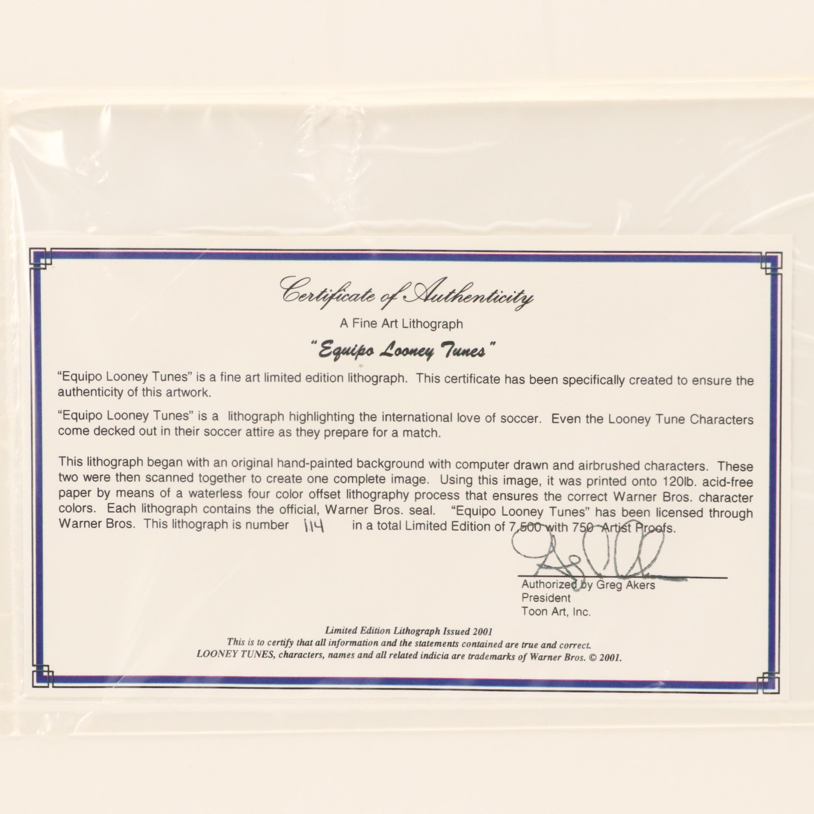 Warner Bros. Offset Lithograph "Equipo Looney Tunes," 2001