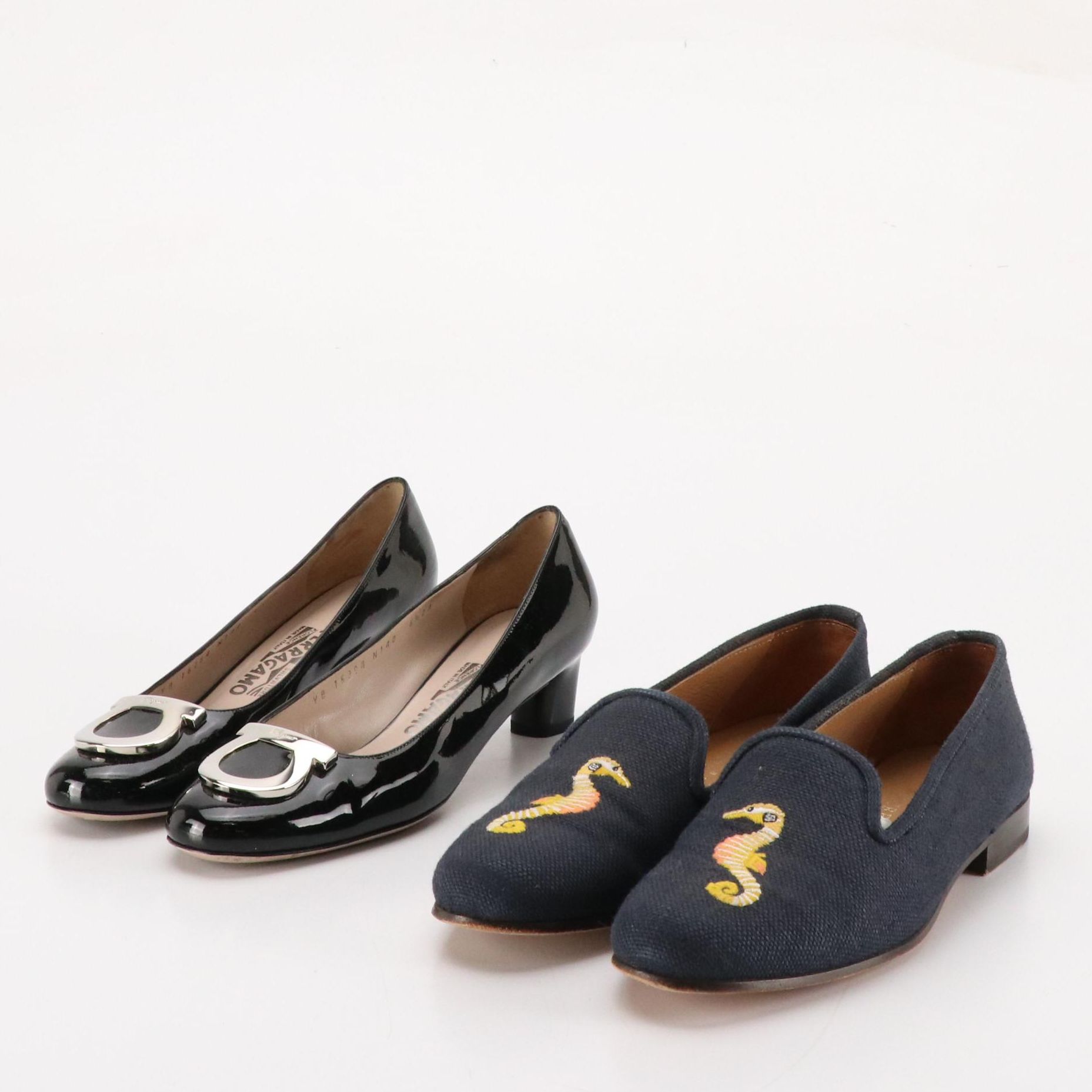 Salvatore Ferragamo Distinta Pumps, Stubbs & Wootton Linen Slippers with Boxes