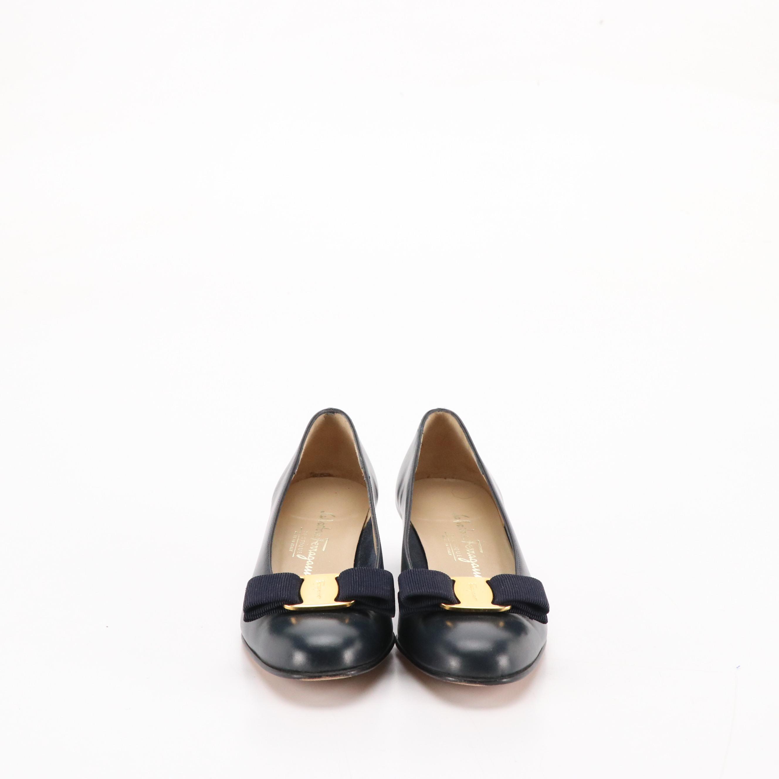 Salvatore Ferragamo Black Fabula Heels and Navy Vara Bow Pumps with Box