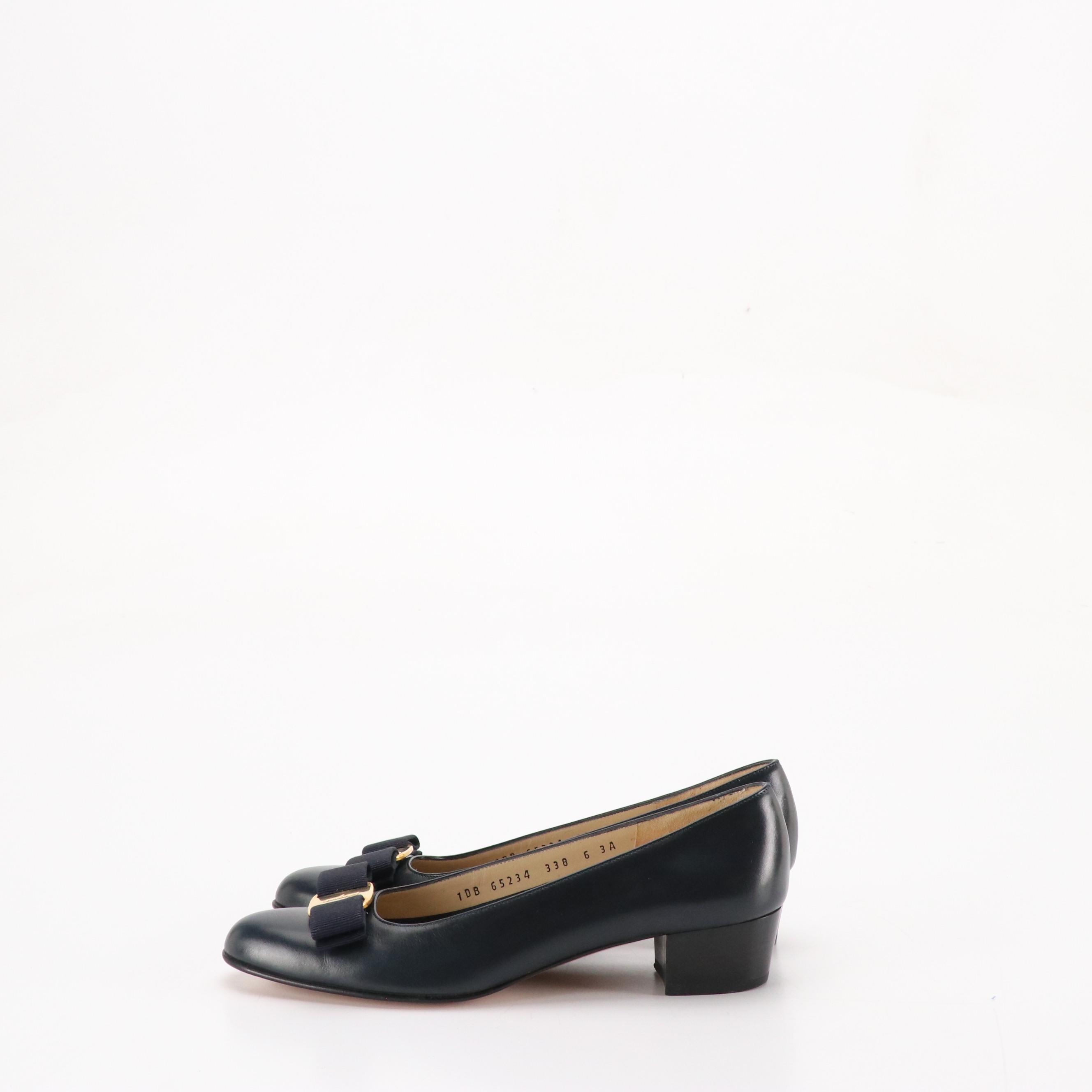 Salvatore Ferragamo Black Fabula Heels and Navy Vara Bow Pumps with Box