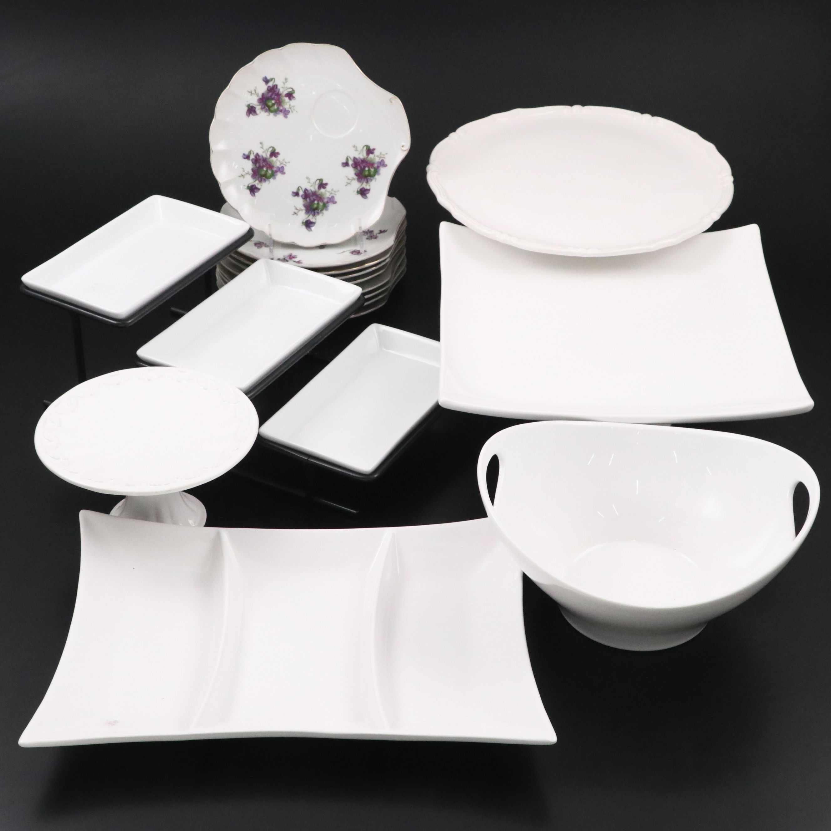 Ceriart and Other White Ceramic Serveware with Porcelain Floral Oyster Plates