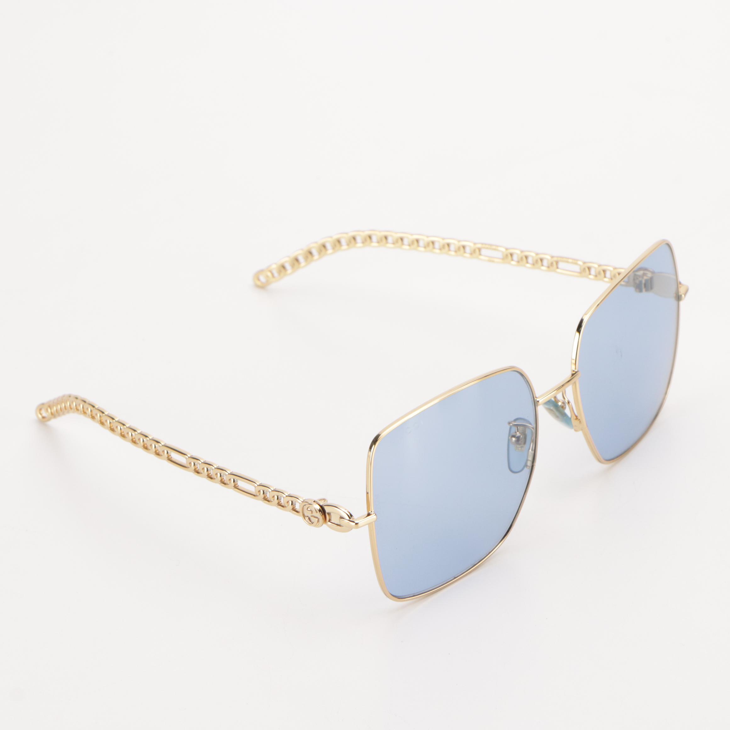 Gucci GG0724S Oversized Blue Square Framed Chain Link Arm Sunglasses With Case