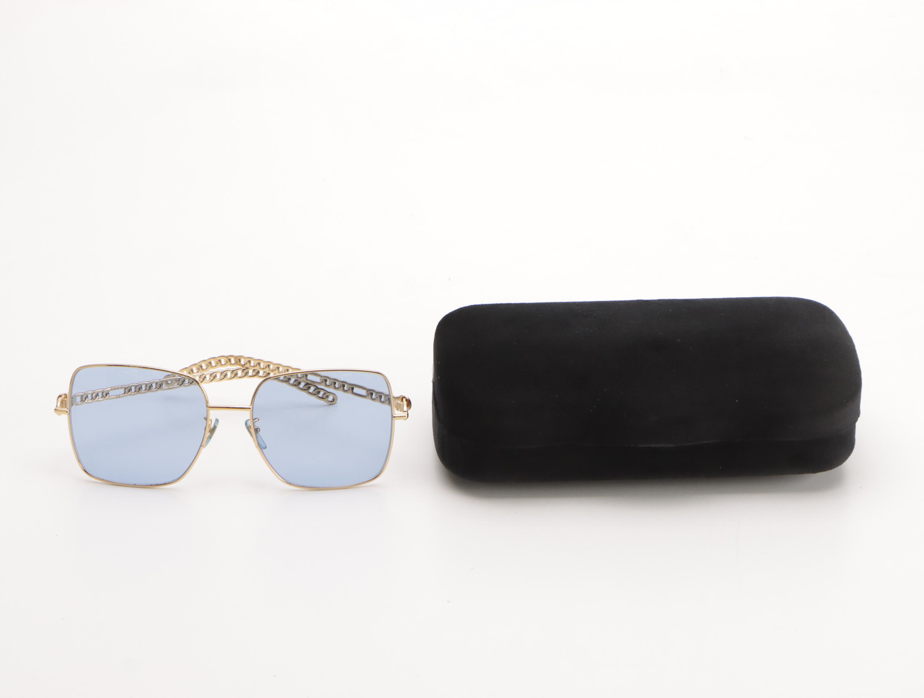 Gucci GG0724S Oversized Blue Square Framed Chain Link Arm Sunglasses With Case