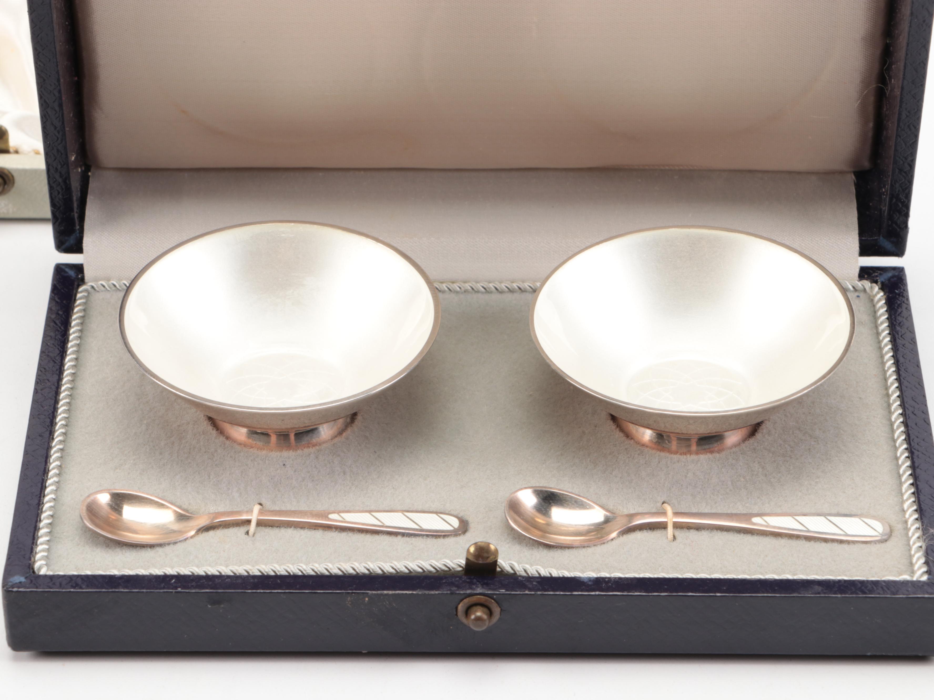 W & S Sorensen Sterling Demitasse Spoons with Danish Sterling and Enamel Dishes