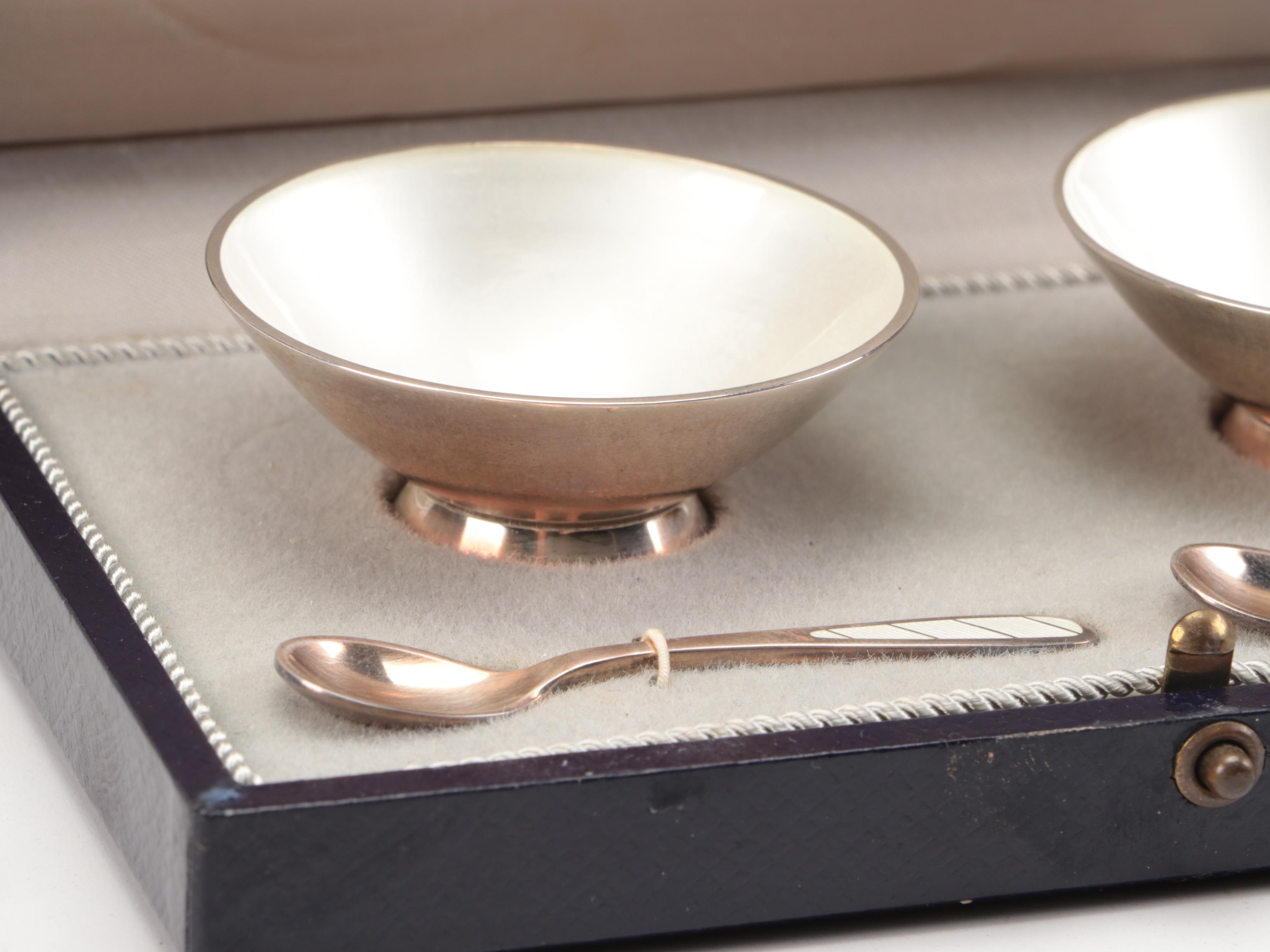 W & S Sorensen Sterling Demitasse Spoons with Danish Sterling and Enamel Dishes