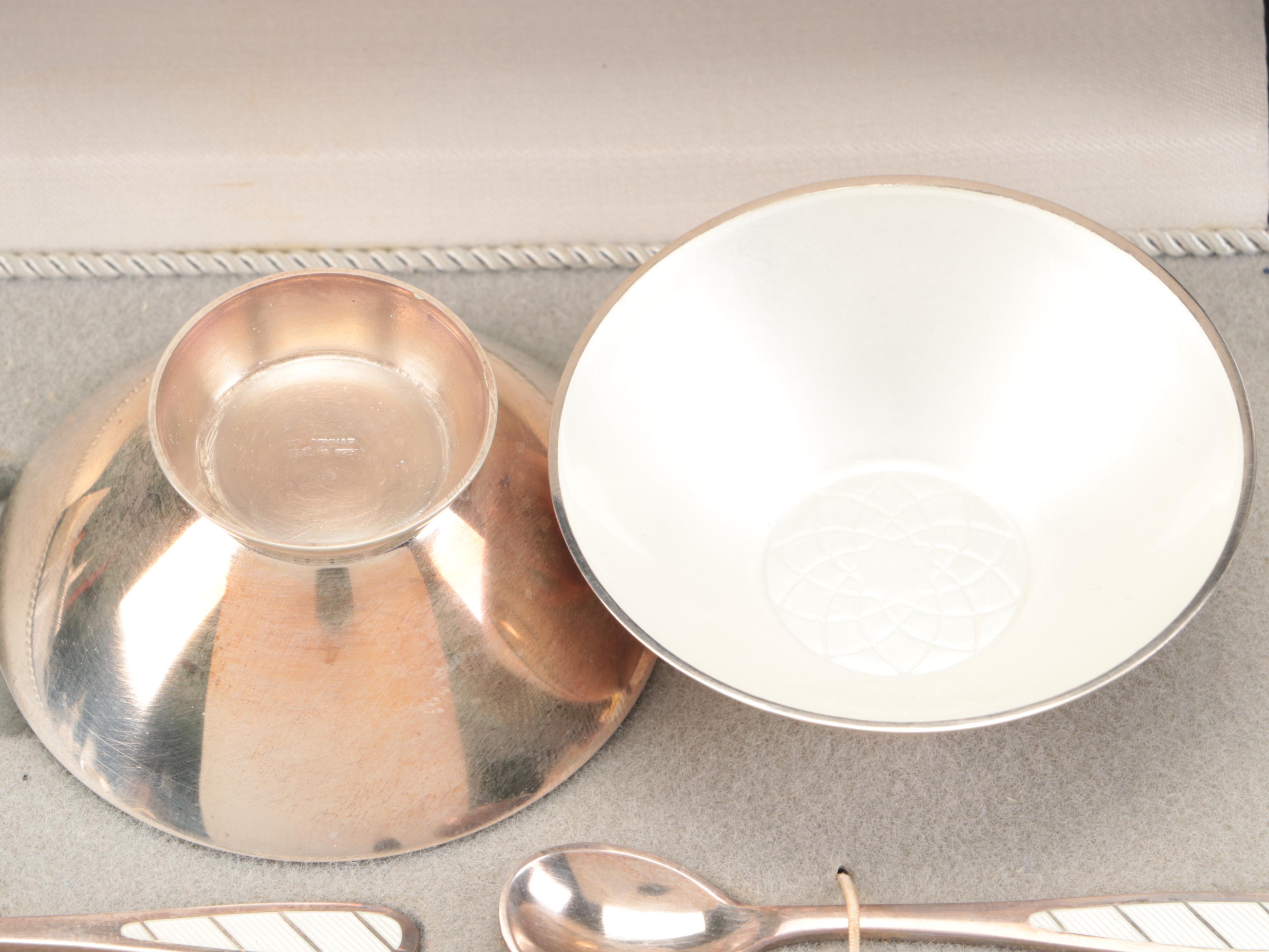 W & S Sorensen Sterling Demitasse Spoons with Danish Sterling and Enamel Dishes