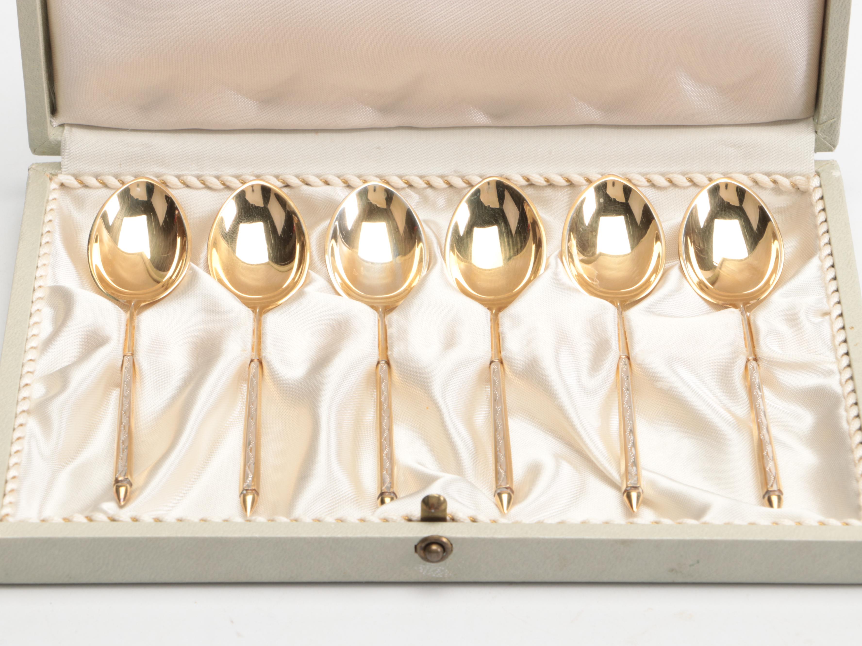 W & S Sorensen Sterling Demitasse Spoons with Danish Sterling and Enamel Dishes