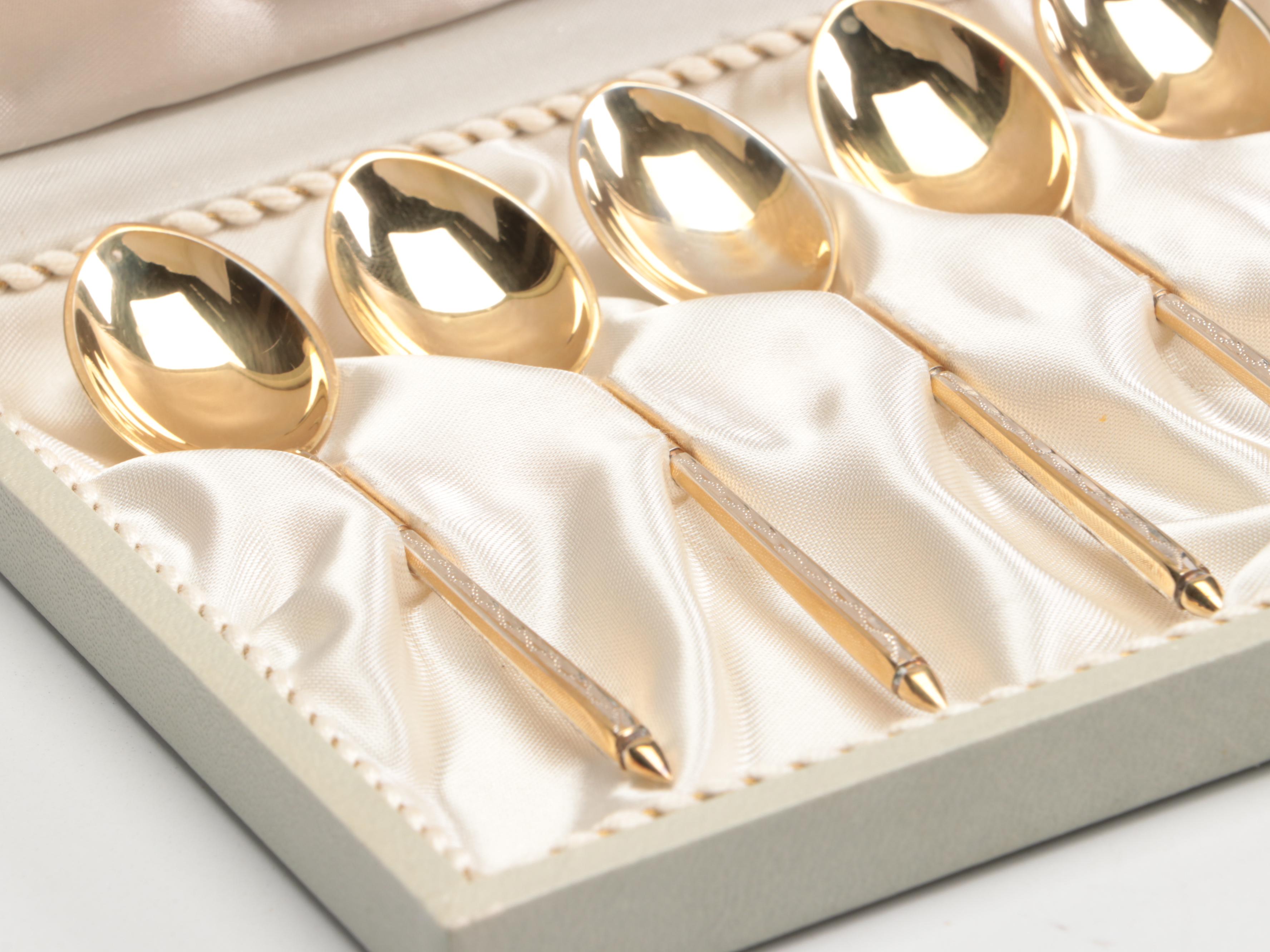 W & S Sorensen Sterling Demitasse Spoons with Danish Sterling and Enamel Dishes