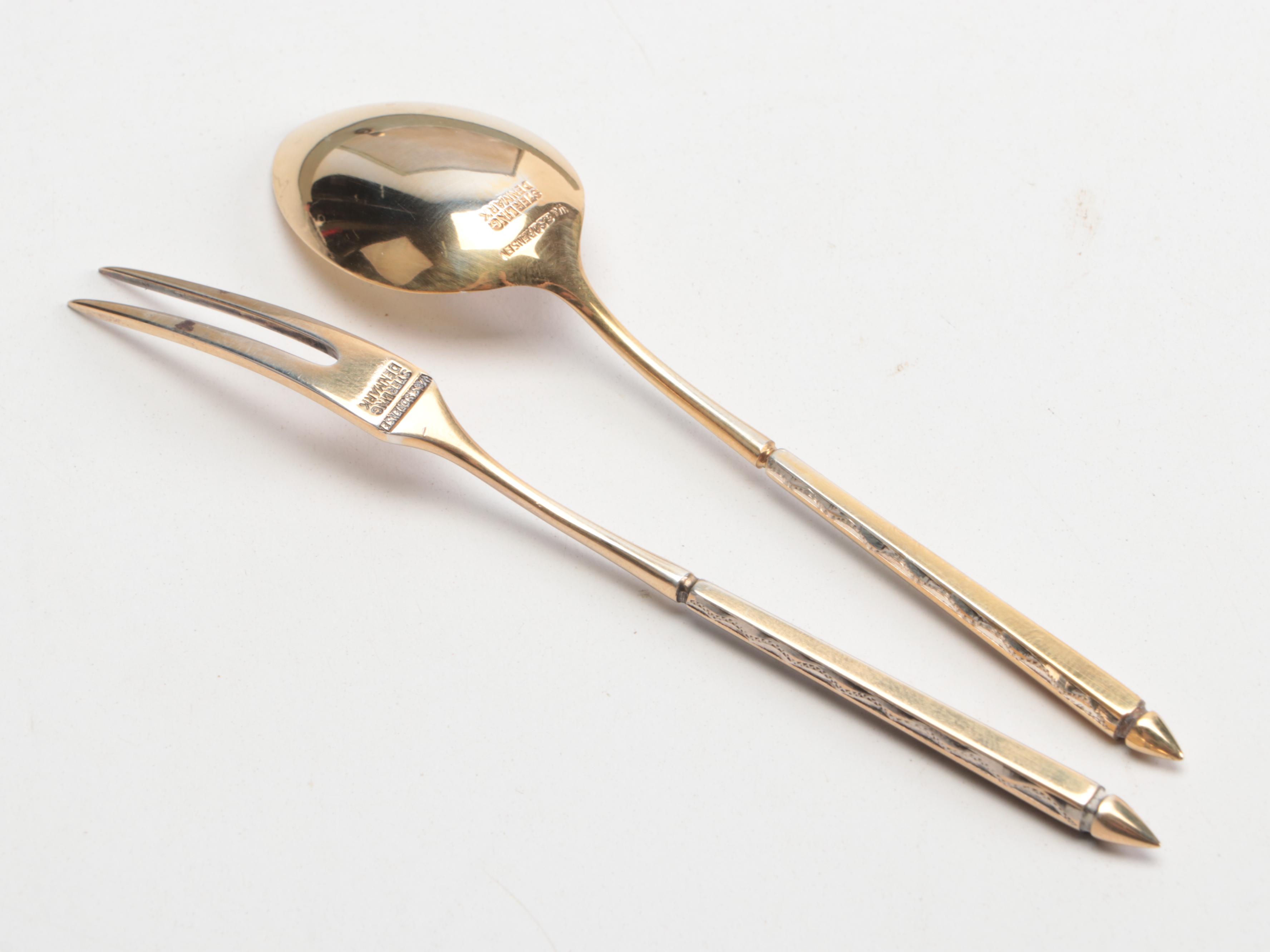 W & S Sorensen Sterling Demitasse Spoons with Danish Sterling and Enamel Dishes