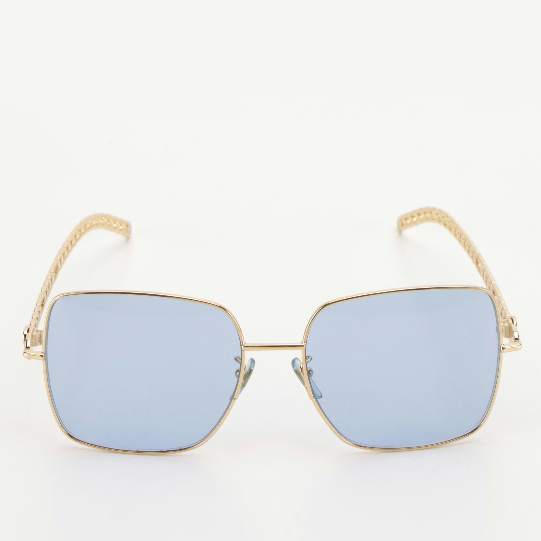 Gucci GG0724S Oversized Blue Square Framed Chain Link Arm Sunglasses With Case