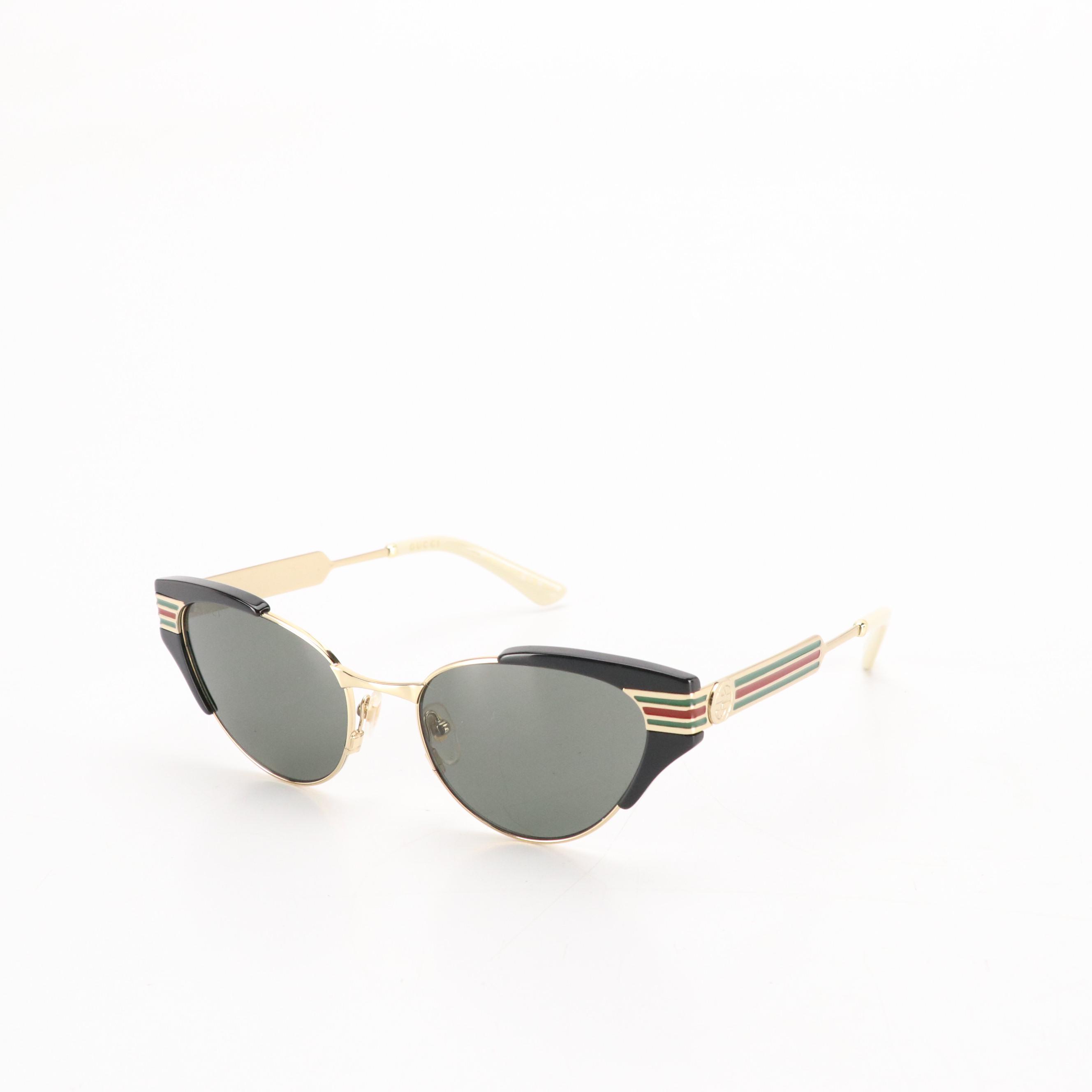 Gucci GG0522S Metal Cat Eye Sunglasses with Red and Green Stripe Arms in Case