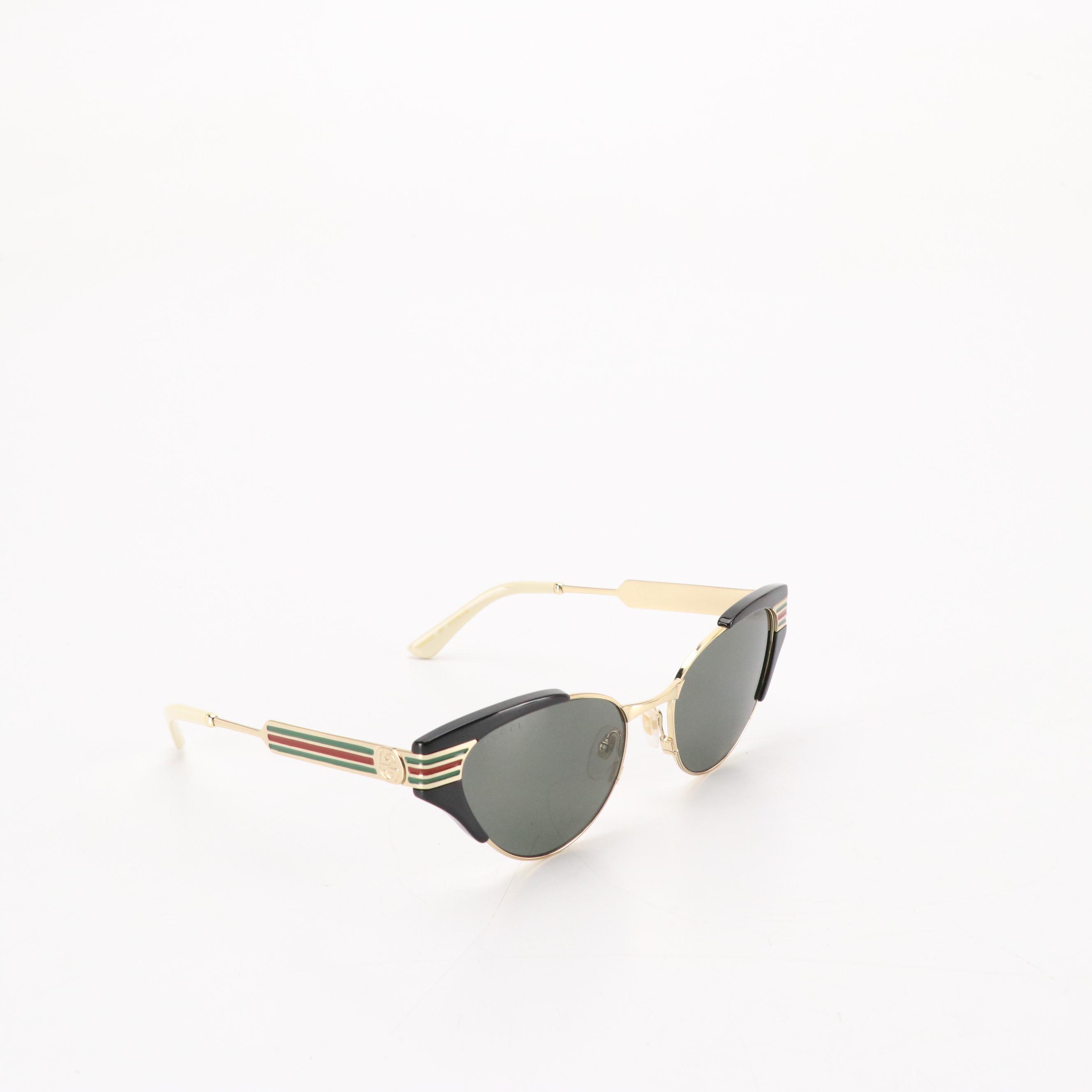 Gucci GG0522S Metal Cat Eye Sunglasses with Red and Green Stripe Arms in Case