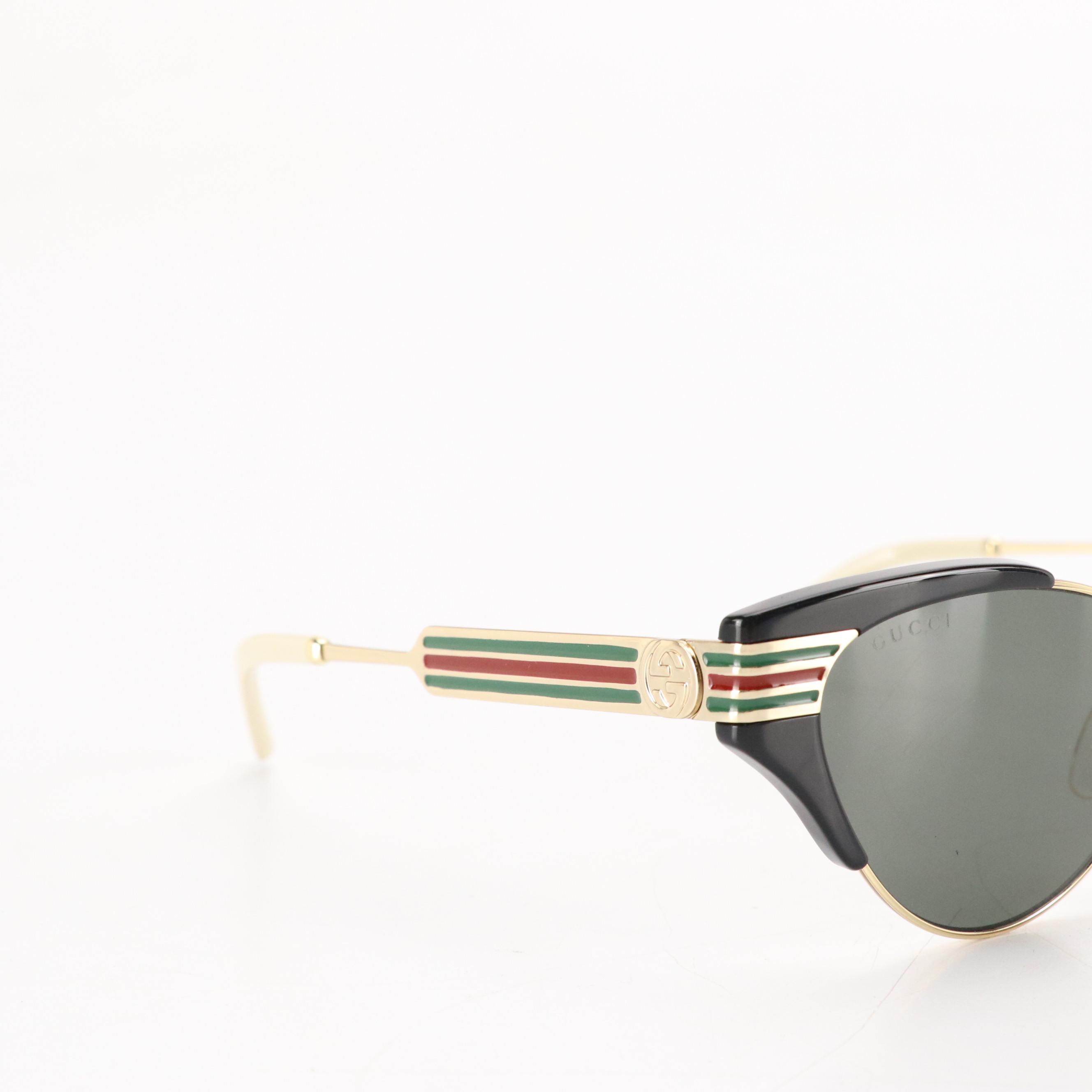 Gucci GG0522S Metal Cat Eye Sunglasses with Red and Green Stripe Arms in Case