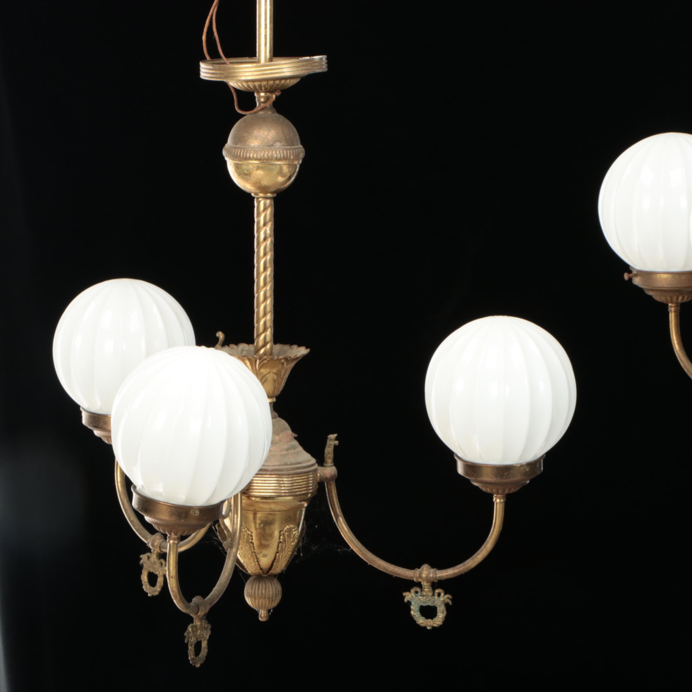 Pair of Empire Revival Brass Three-Arm Chandeliers with Milk Glass Globes