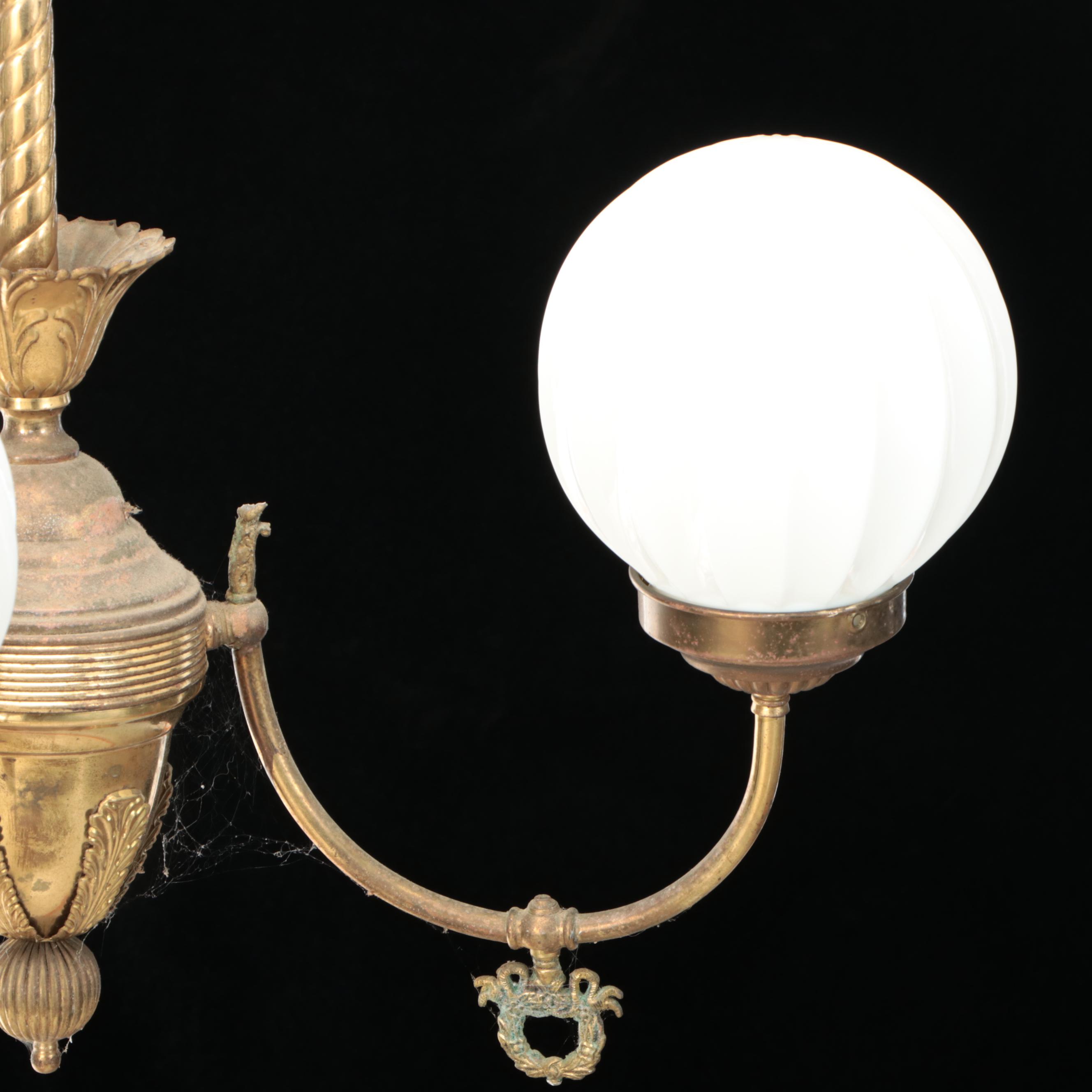 Pair of Empire Revival Brass Three-Arm Chandeliers with Milk Glass Globes