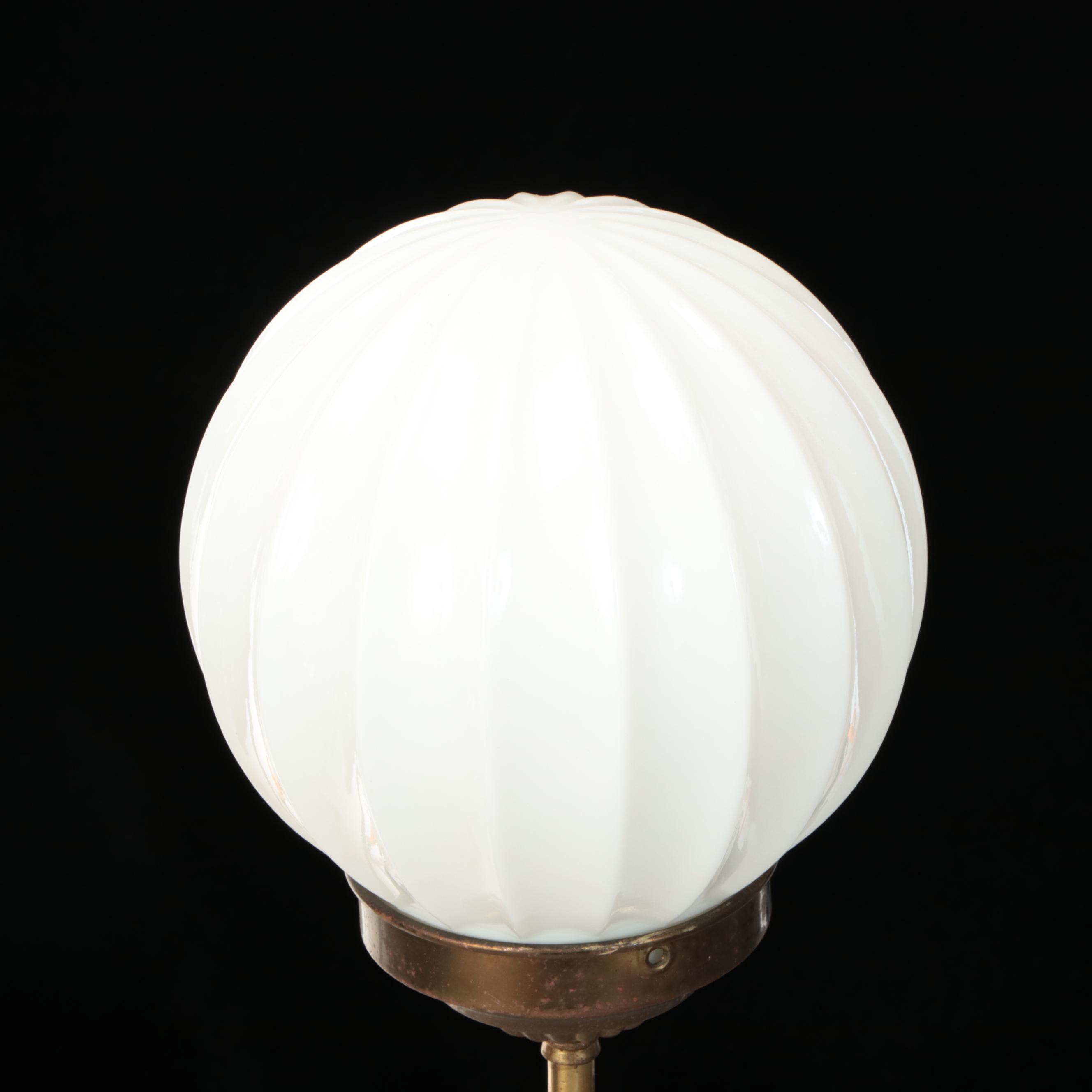 Pair of Empire Revival Brass Three-Arm Chandeliers with Milk Glass Globes