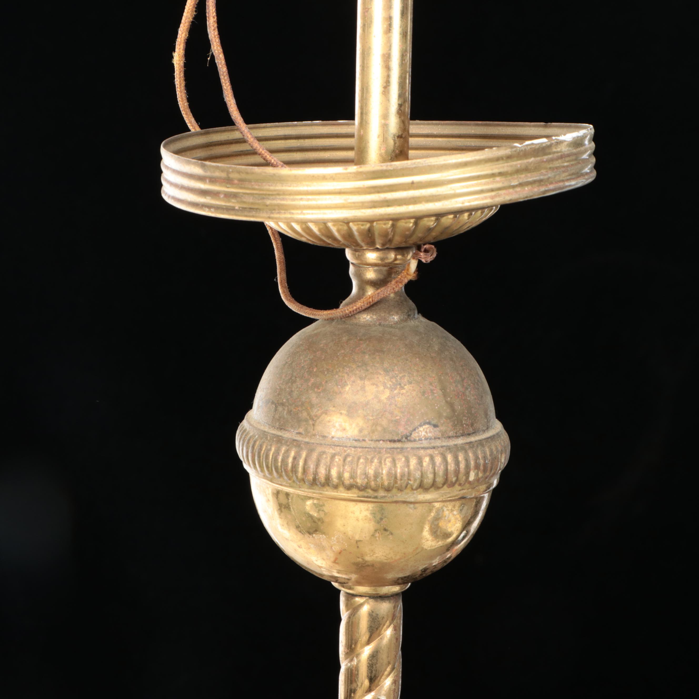 Pair of Empire Revival Brass Three-Arm Chandeliers with Milk Glass Globes