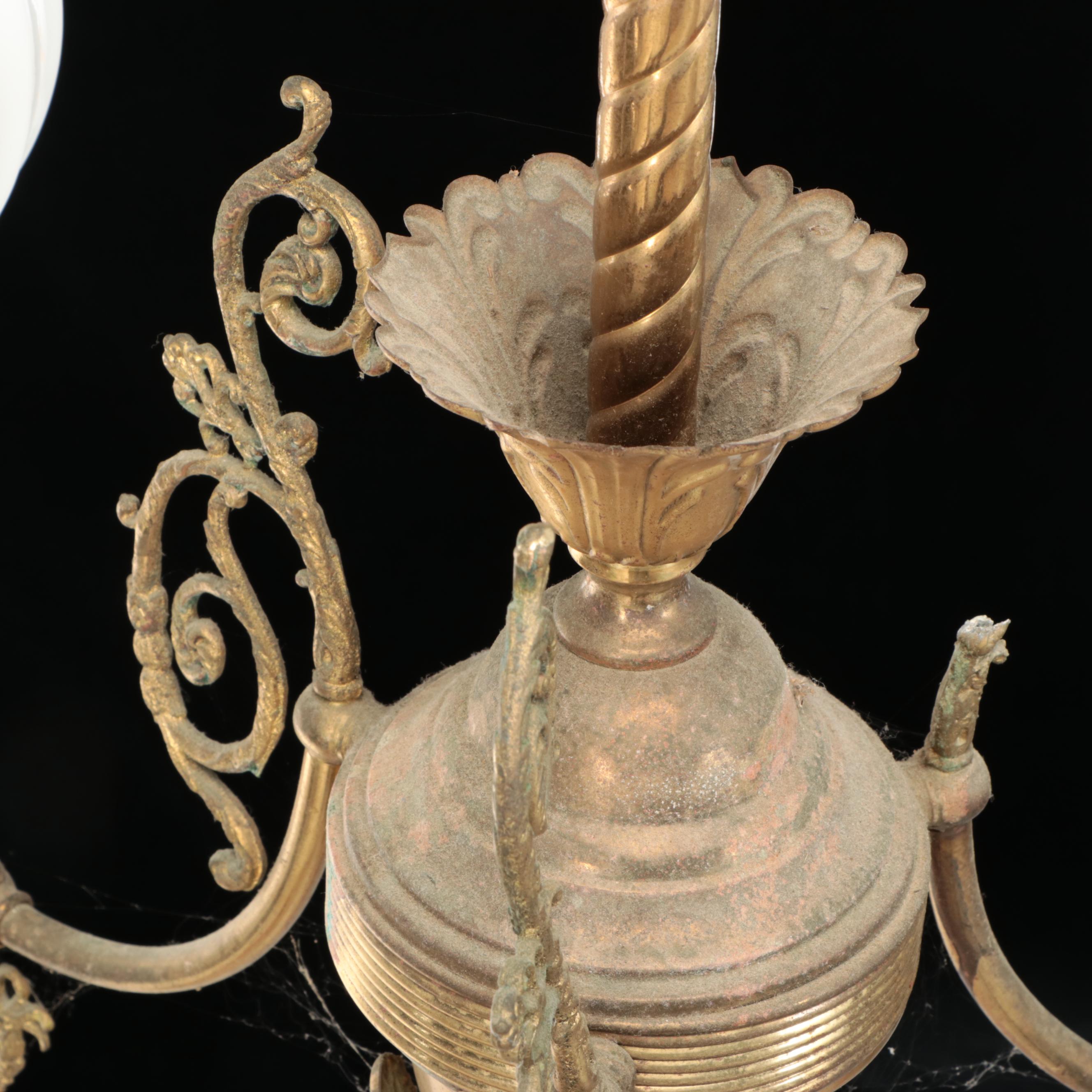 Pair of Empire Revival Brass Three-Arm Chandeliers with Milk Glass Globes