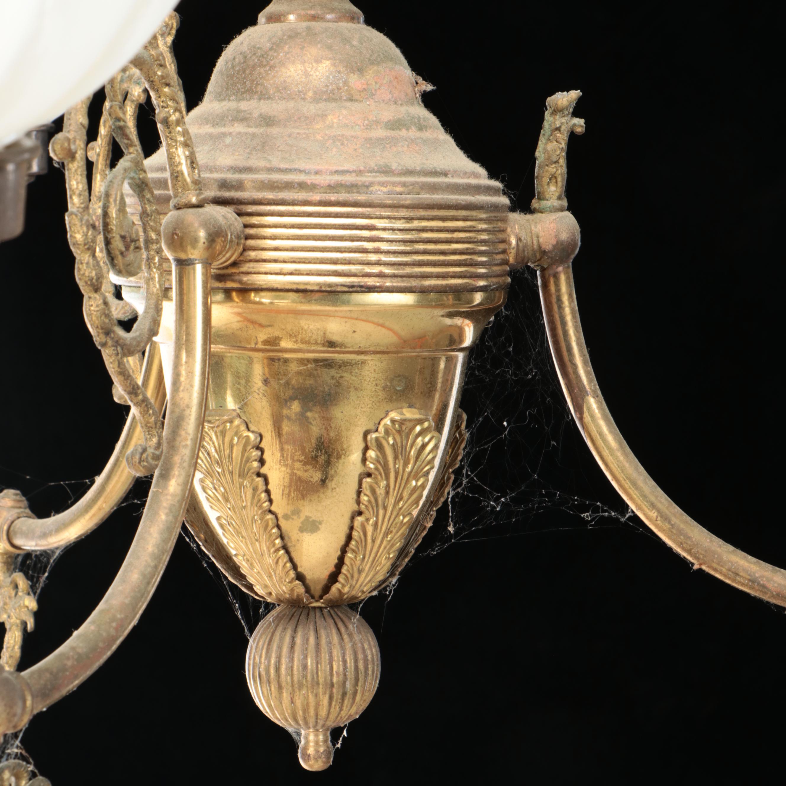 Pair of Empire Revival Brass Three-Arm Chandeliers with Milk Glass Globes