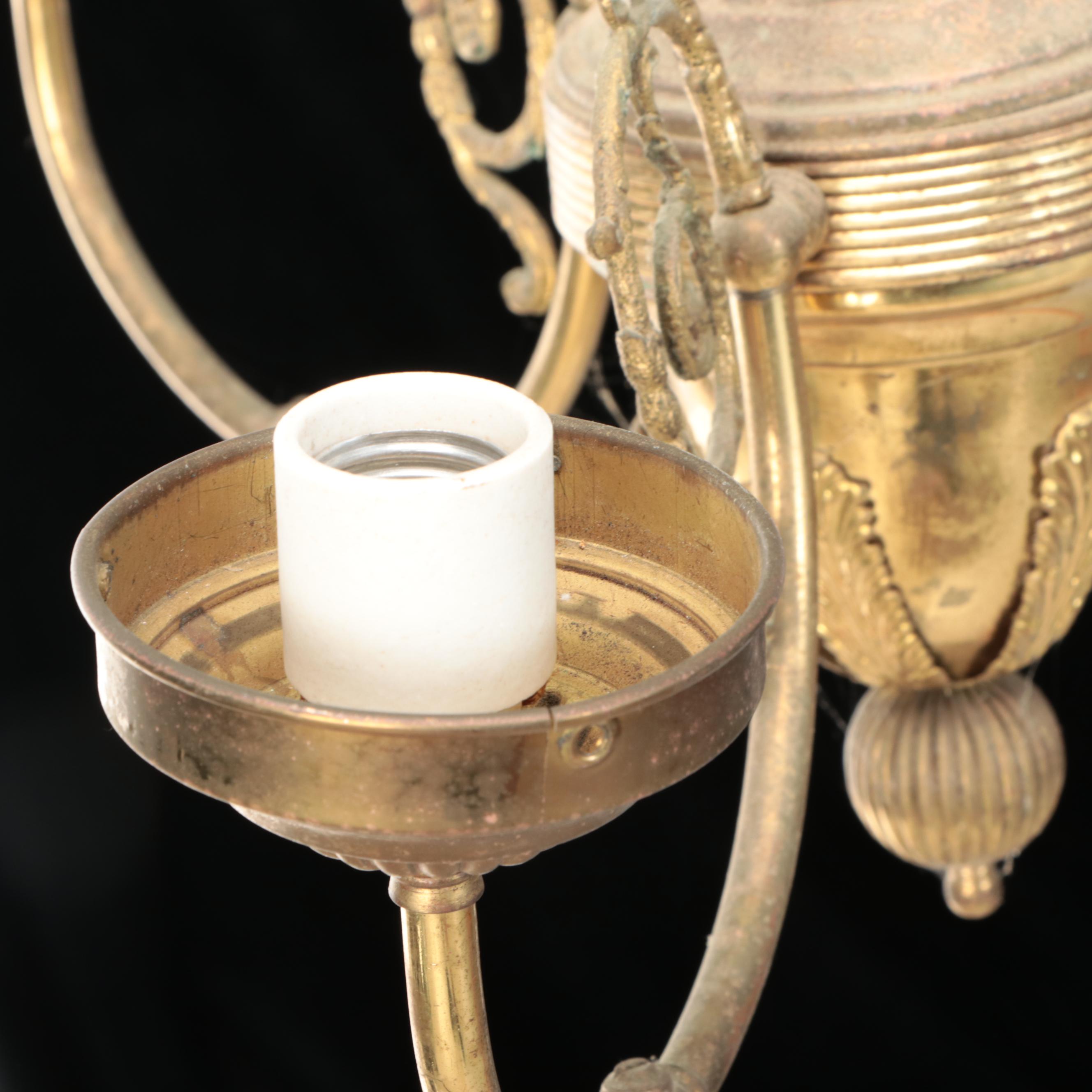 Pair of Empire Revival Brass Three-Arm Chandeliers with Milk Glass Globes
