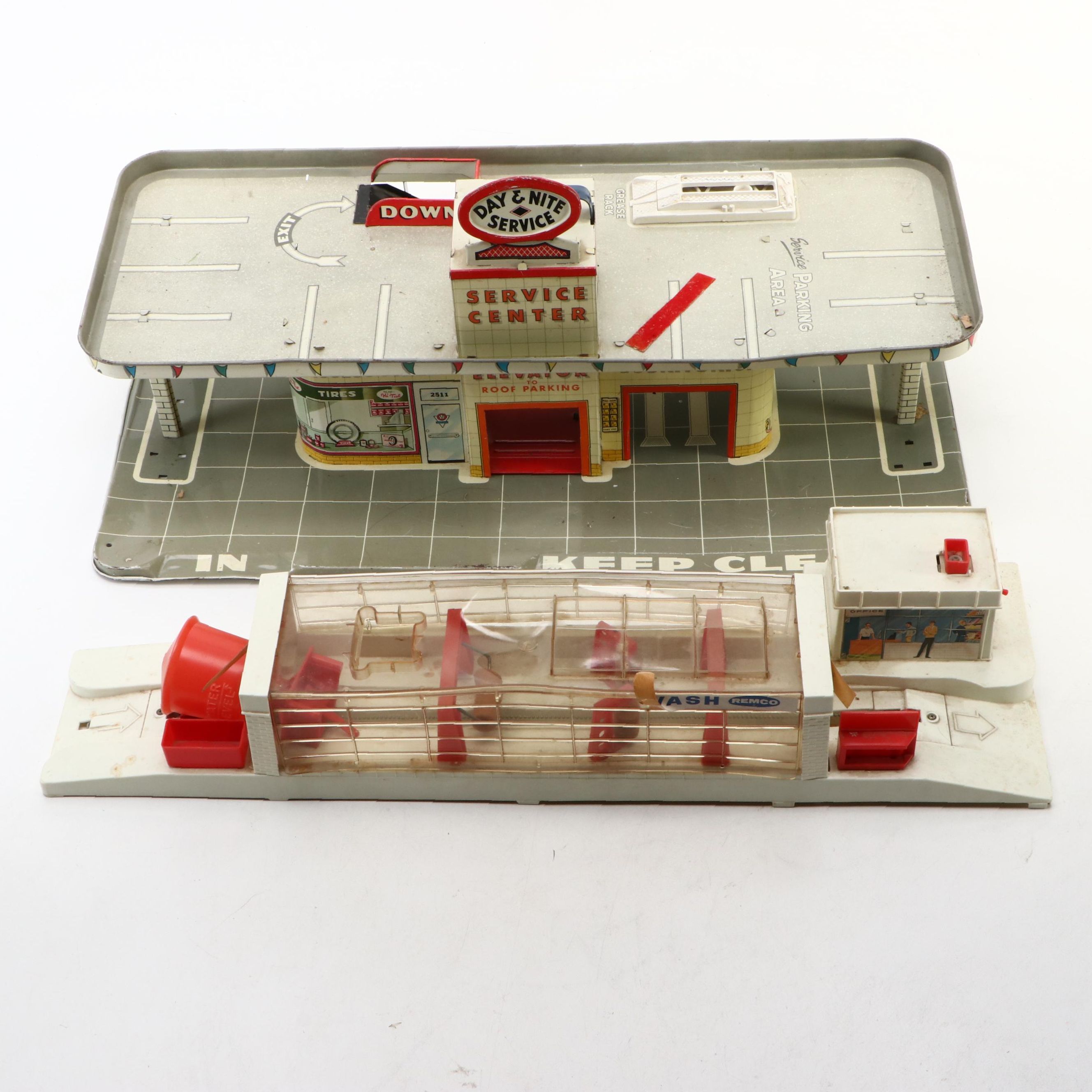 Marx Tin Litho Day & Nite Service Station with Remco Mr. Kelly's Car Wash Toy