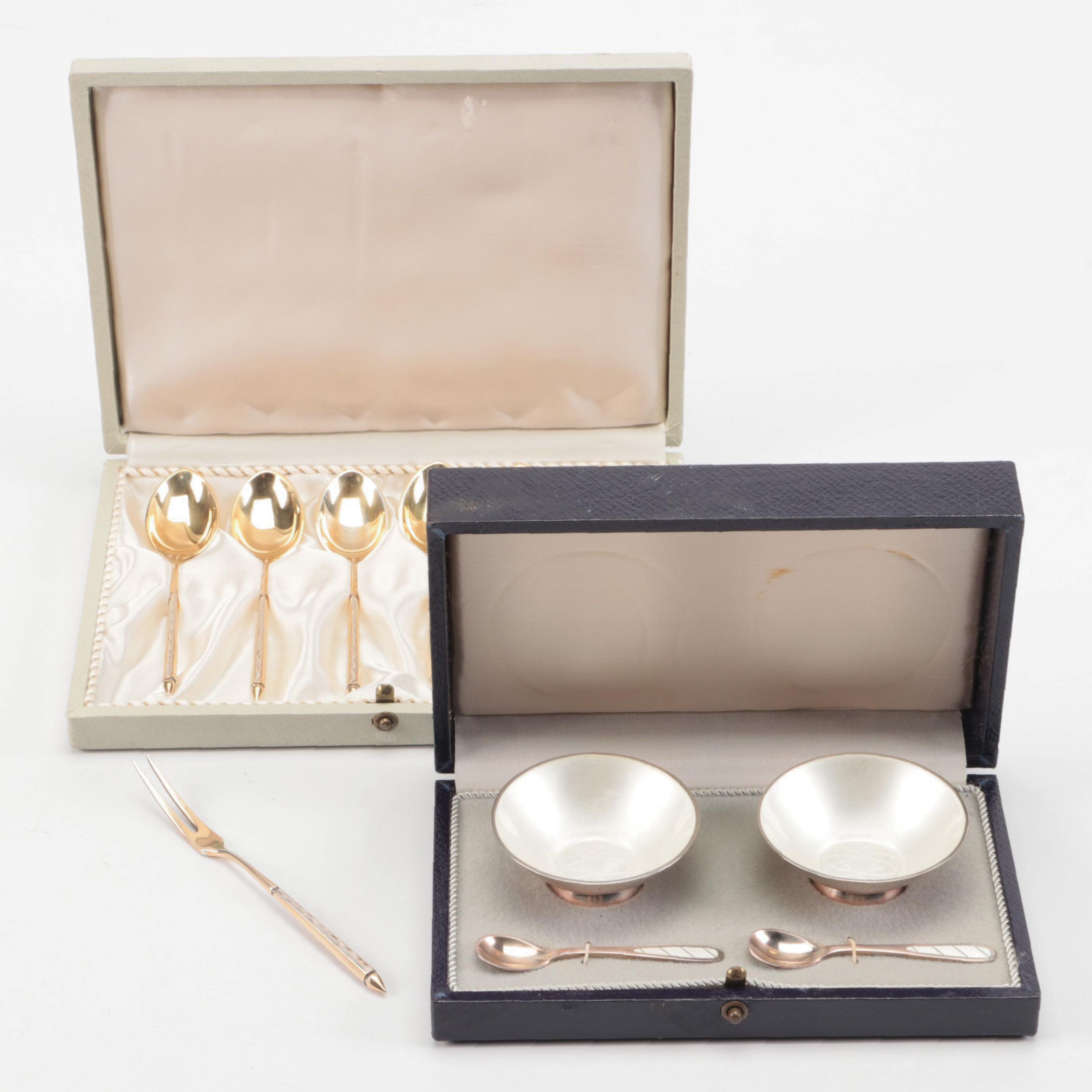 W & S Sorensen Sterling Demitasse Spoons with Danish Sterling and Enamel Dishes