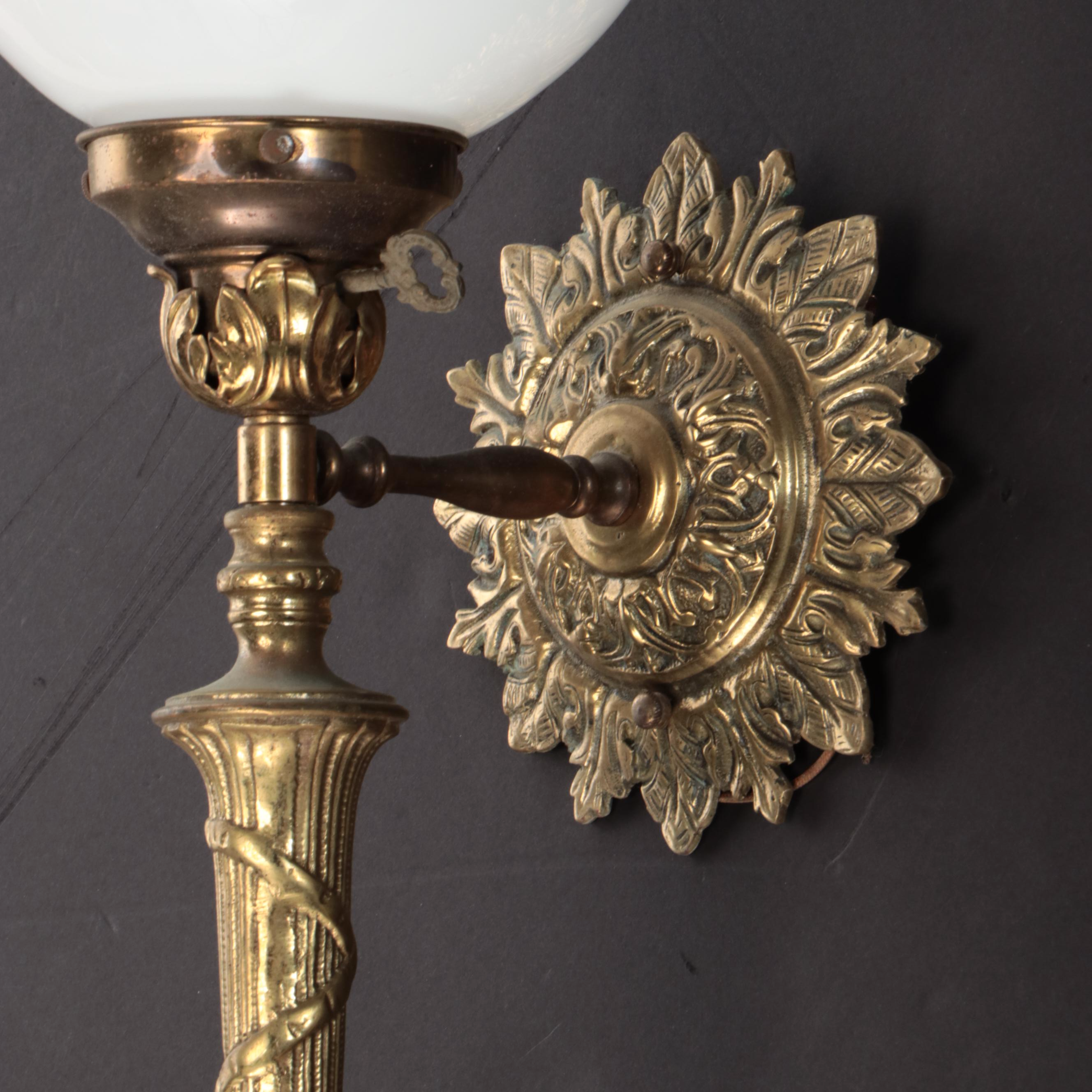 Empire Style Brass Torchère Wall Sconce with Milk Glass Globe