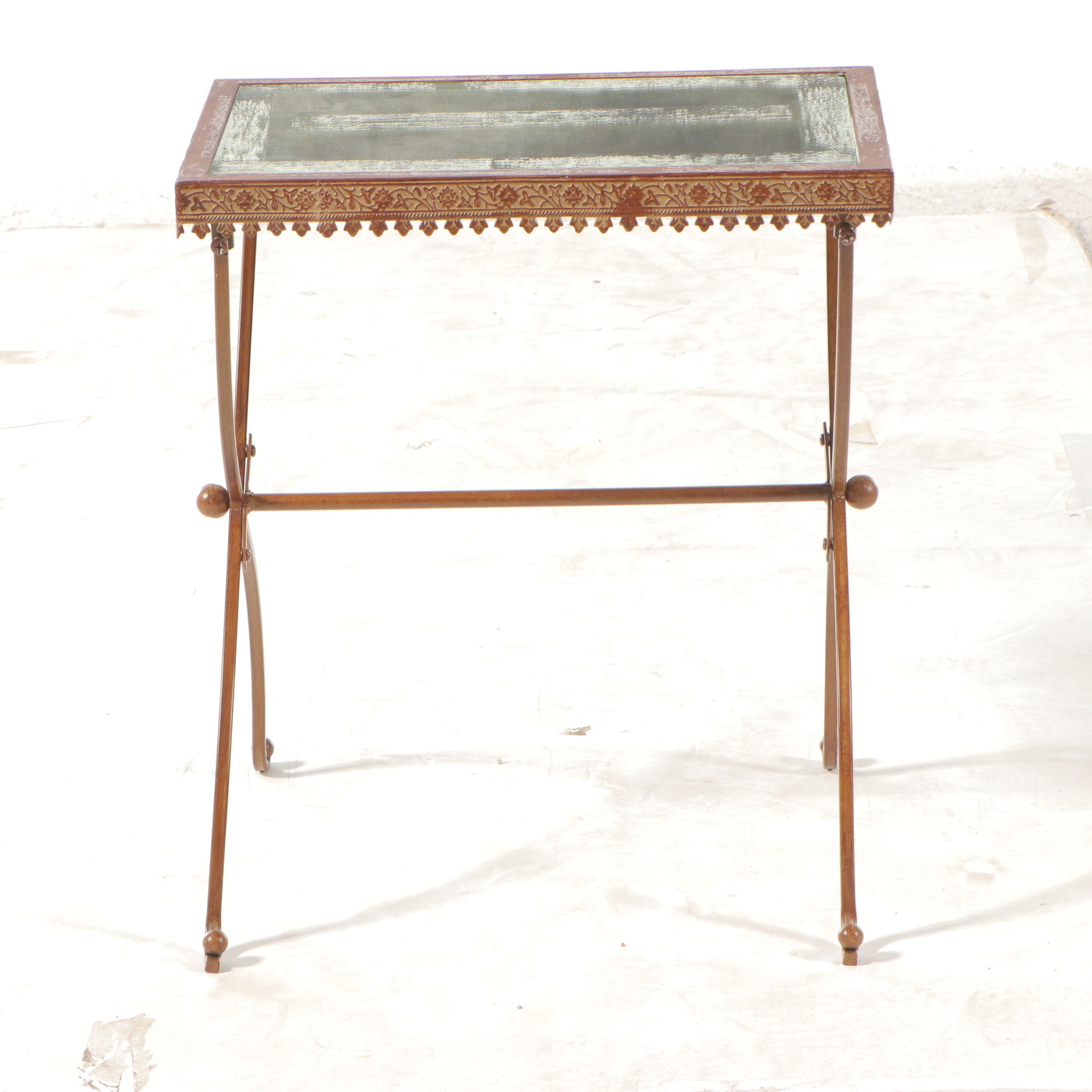 Metal Mirror Top Accent Table with Metal Plant Stand