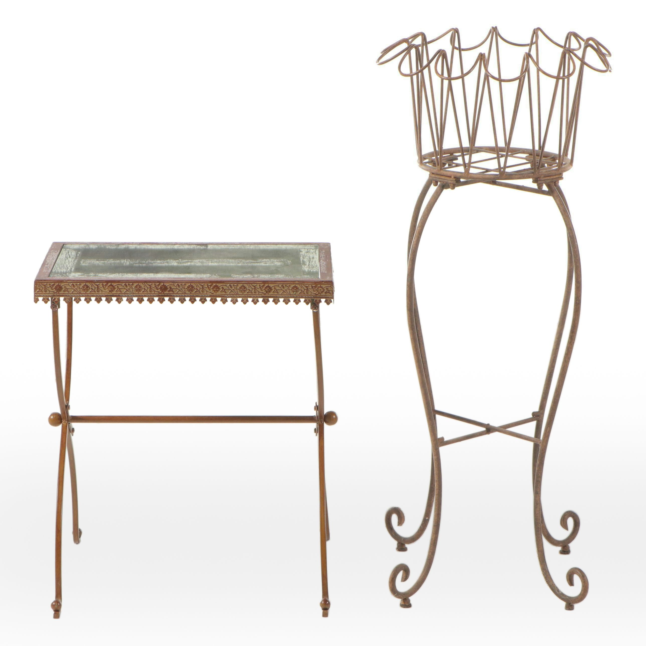 Metal Mirror Top Accent Table with Metal Plant Stand