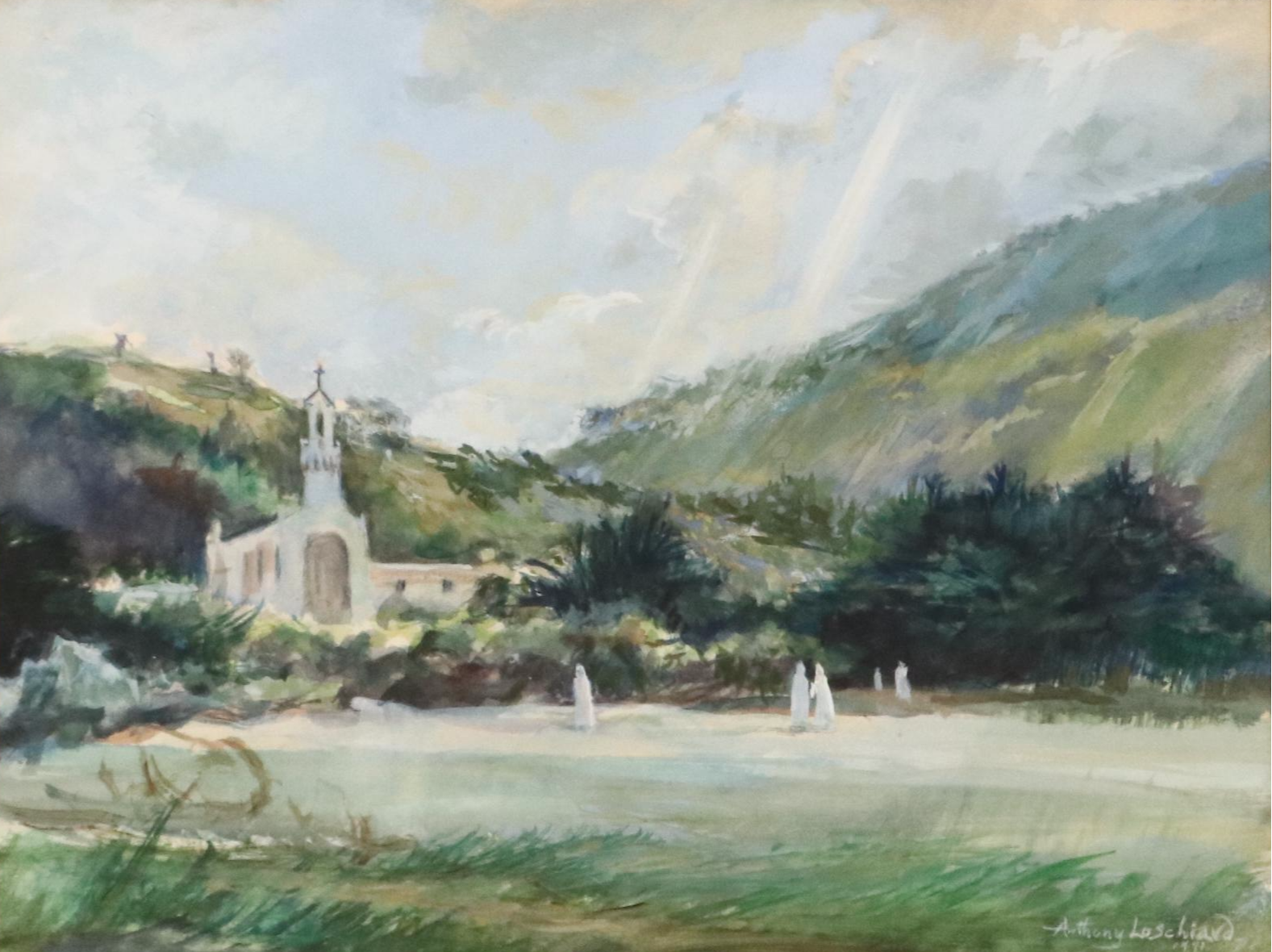 Anthony Loschiavo Watercolor Painting of Landscape with Church, 1991
