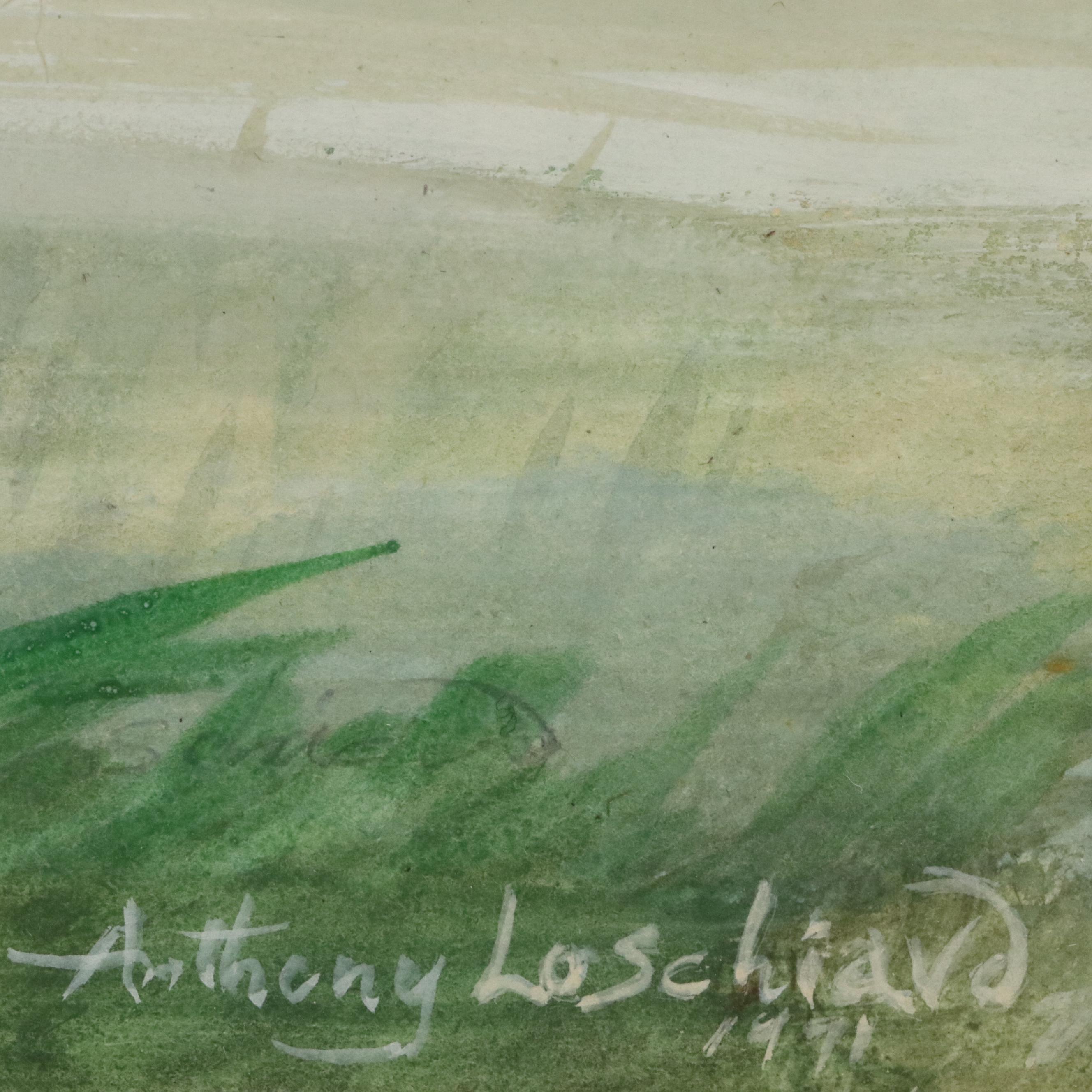Anthony Loschiavo Watercolor Painting of Landscape with Church, 1991
